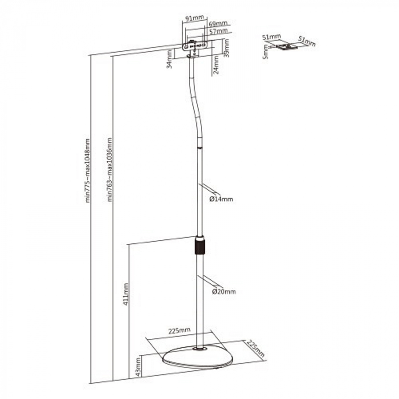 A diagram of a speaker stand with measurements. It is tall, with a round base and a curved top.