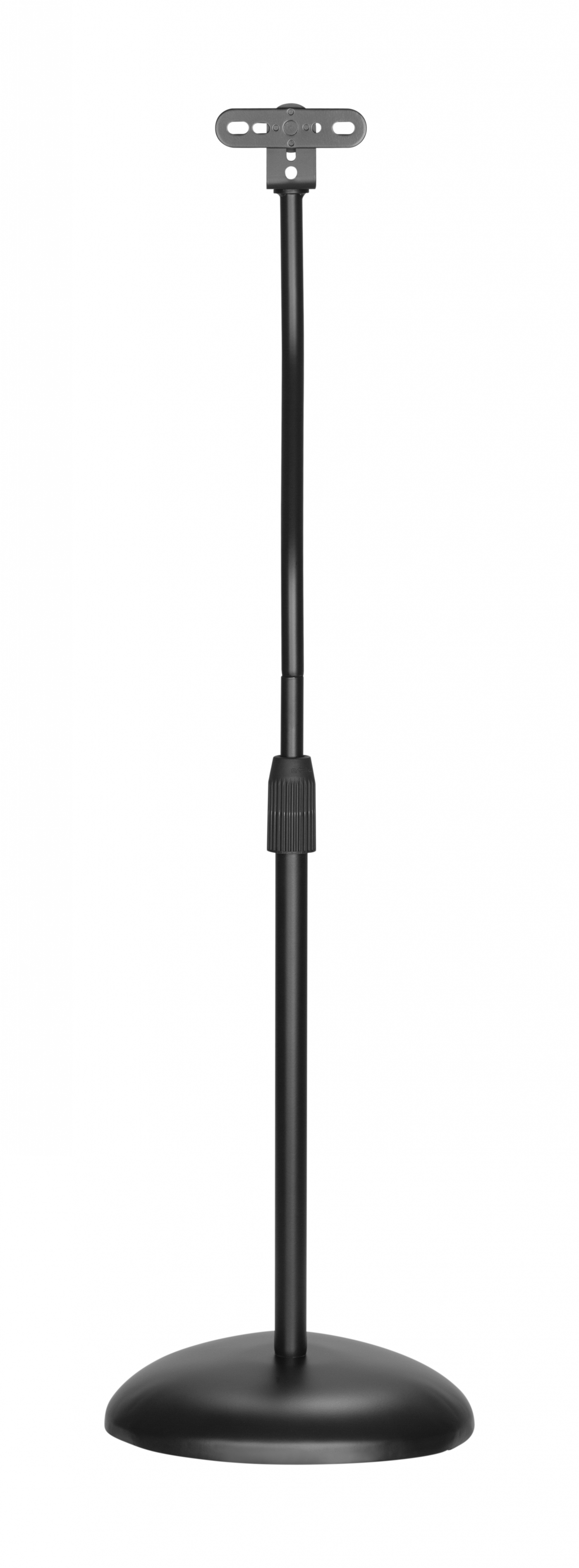 Black stand for a tablet or phone. Round base and adjustable height.