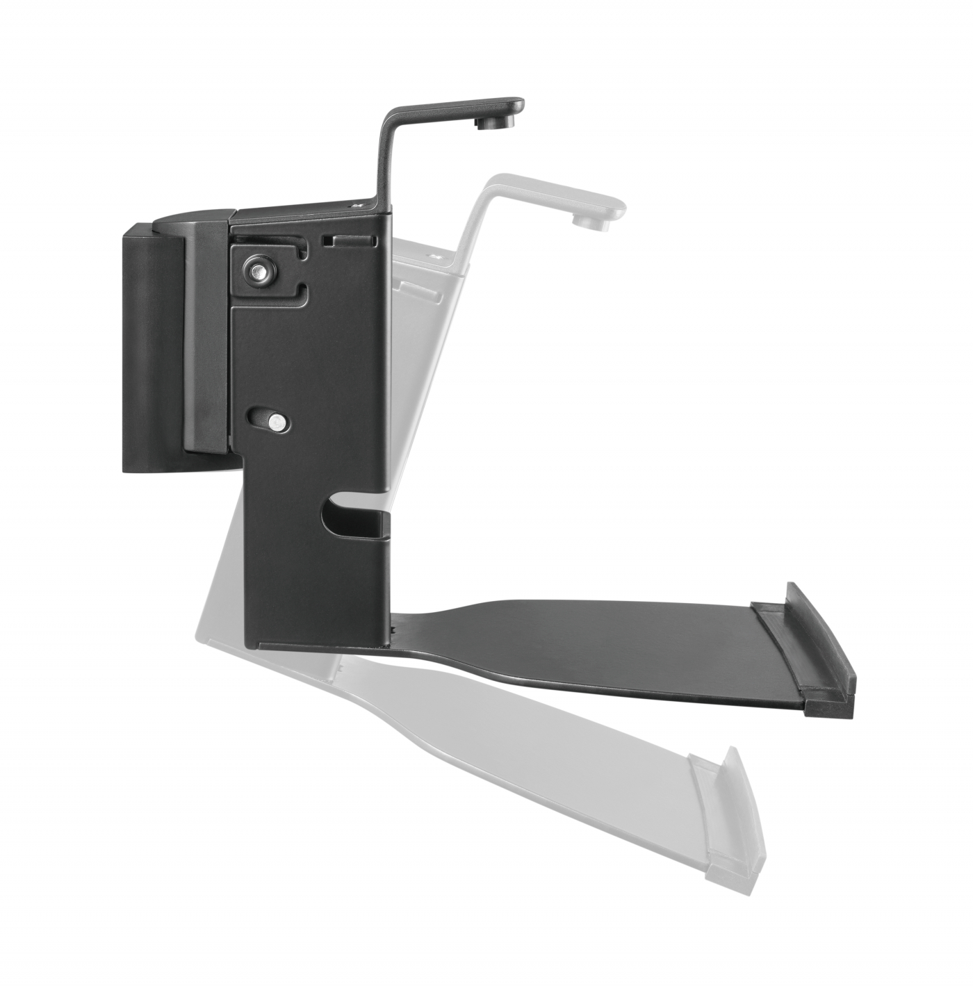 Een zwarte soundbar beugel, in meerdere posities getoond. Heeft een basis, verticale arm en een bovenste arm.