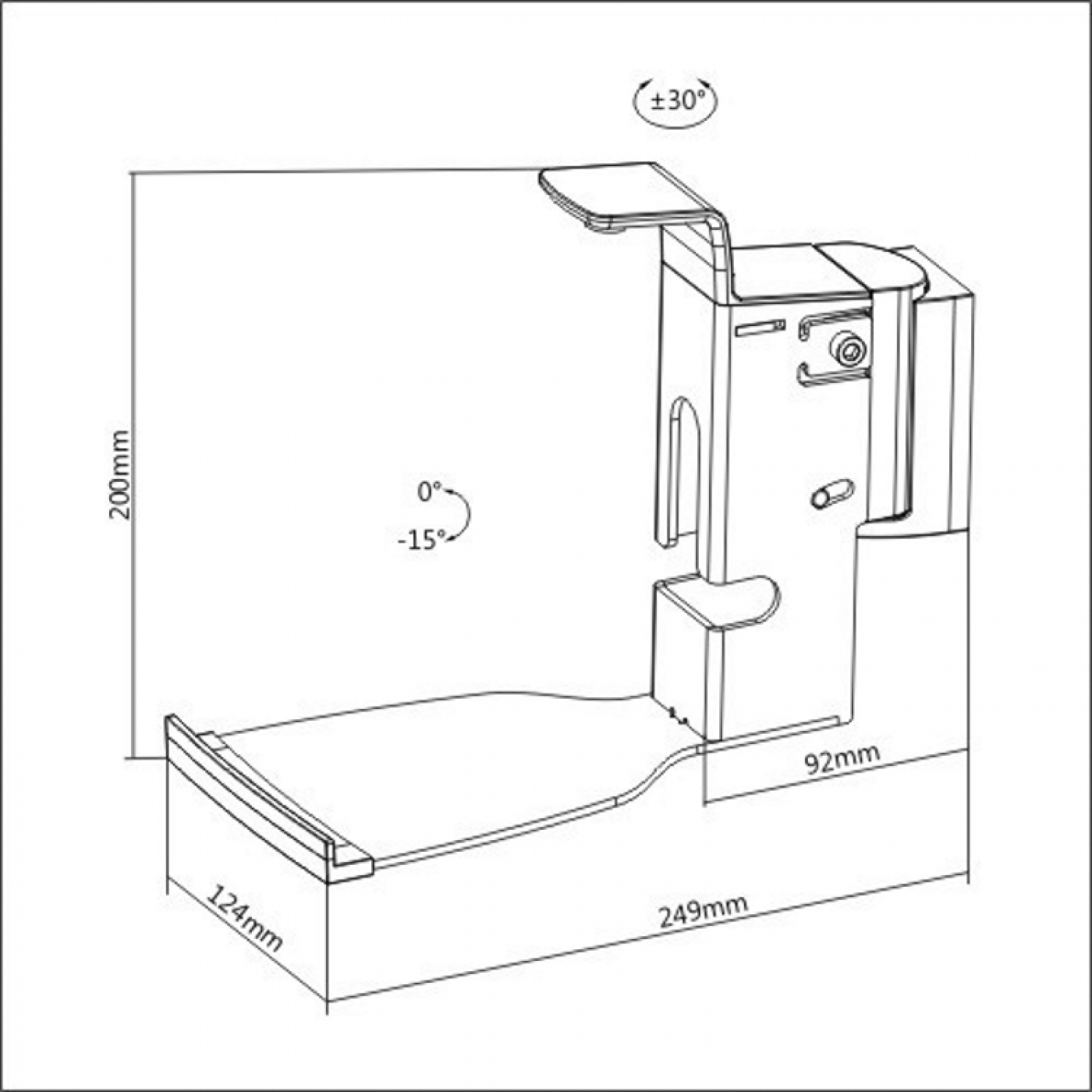 Zwart-wit schema van een montagebeugel met afmetingen.