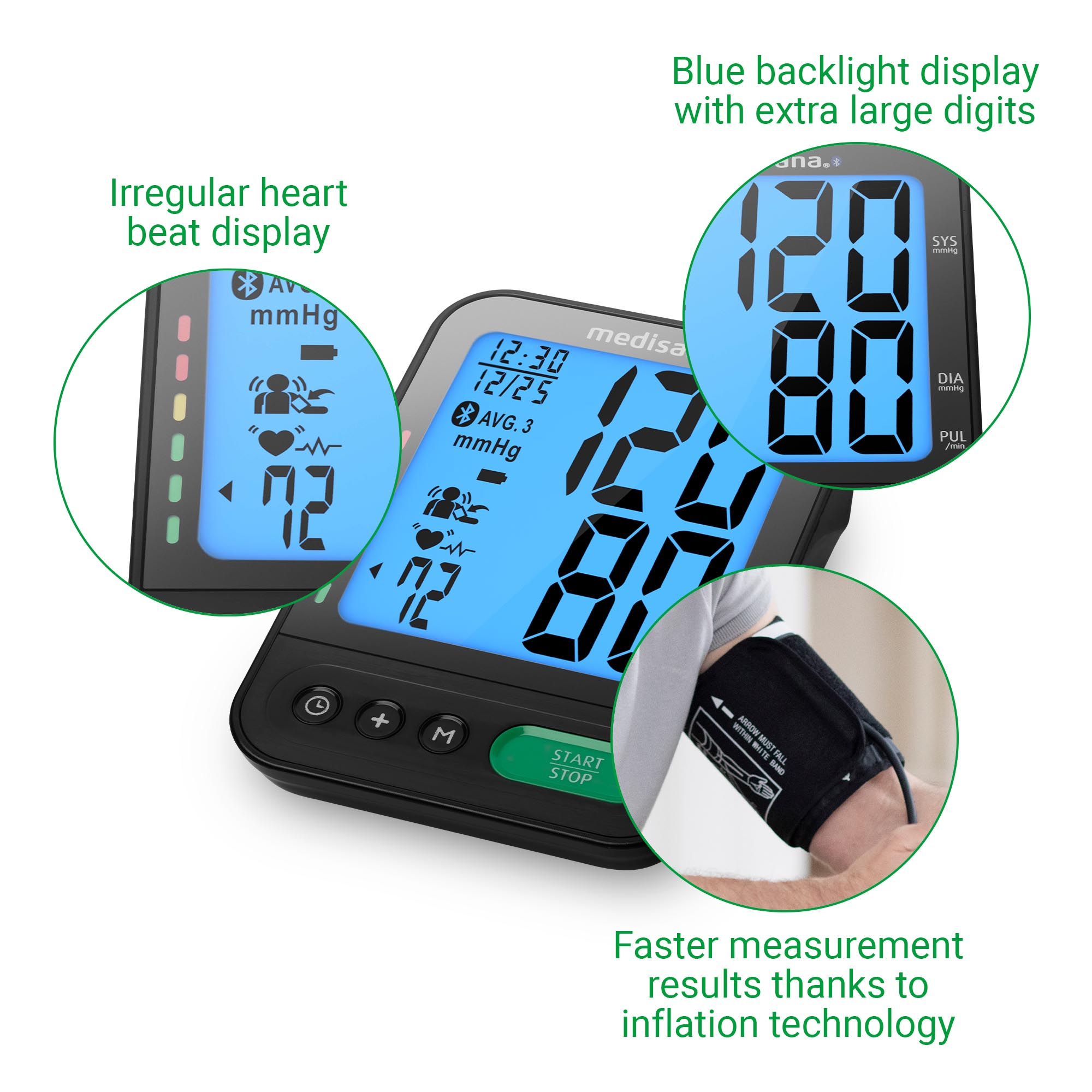 Monitor de presión arterial con pantalla mostrando lecturas, un manguito alrededor del brazo y anotaciones.