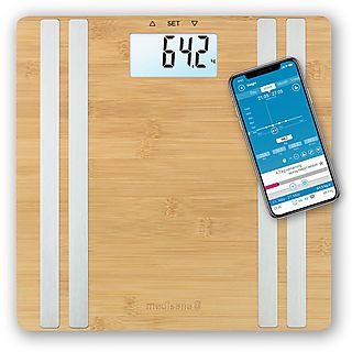 Báscula inteligente - MEDISANA BS 550 connect Báscula de baño digital de bambú con análisis corporal, Bluetooth, 180 kg, Marron