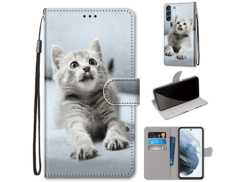 KÖNIG DESIGN Book Case, Bookcover, Samsung, Galaxy S21 FE, Kleine graue Katze