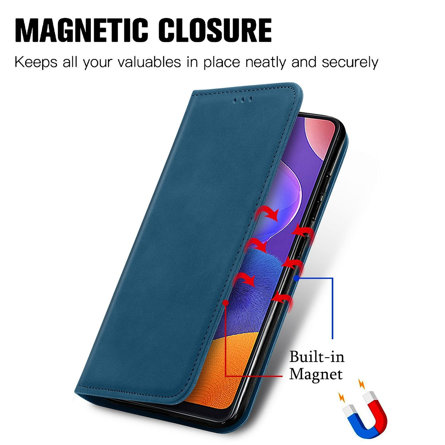 Blaue Handyhülle offen. Merkmale: Magnetverschluss, eingebauter Magnet und rote Pfeile.