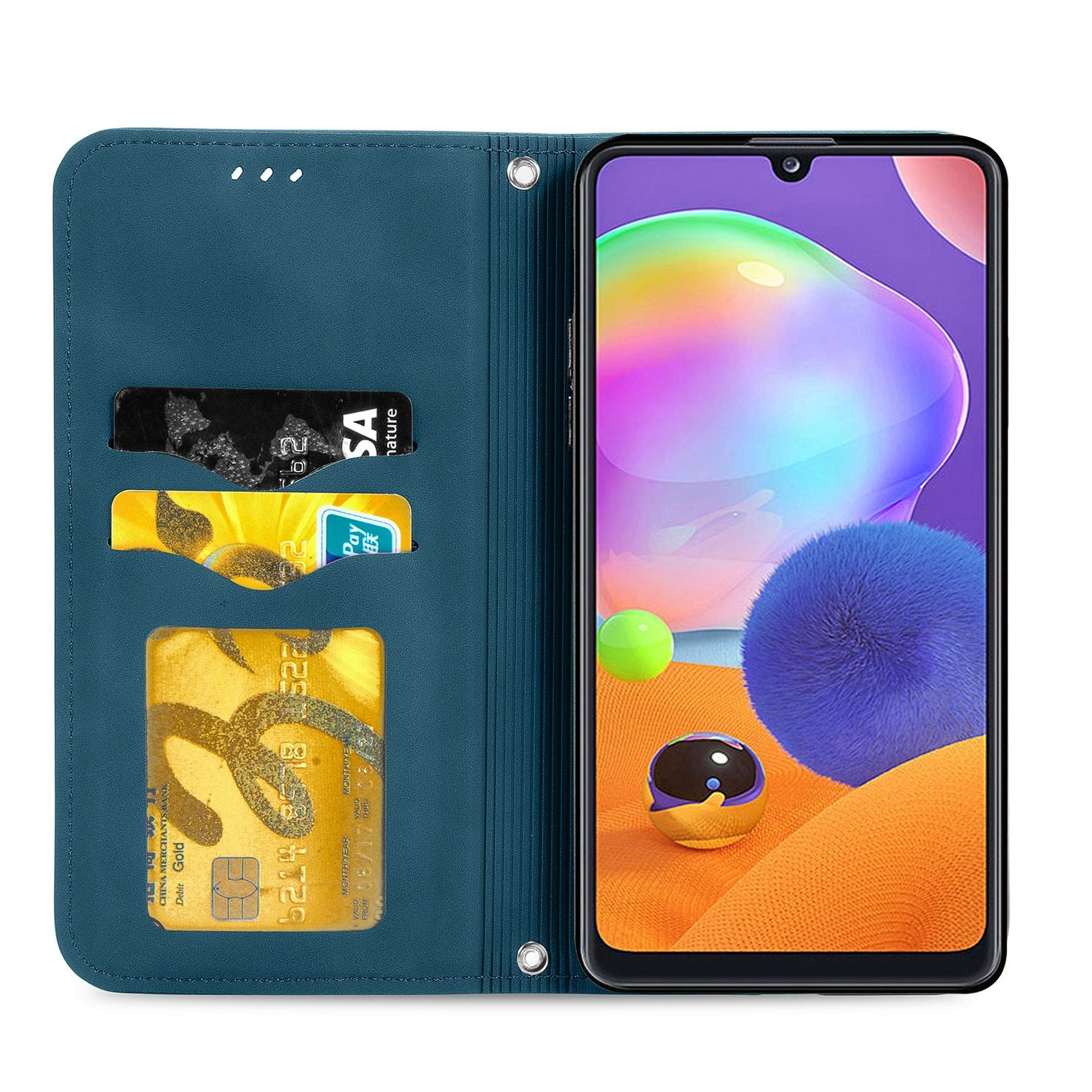 Blaue Handyhülle offen mit Telefon und Karten sichtbar. Zeigt Kartenfächer und Telefonbildschirm.