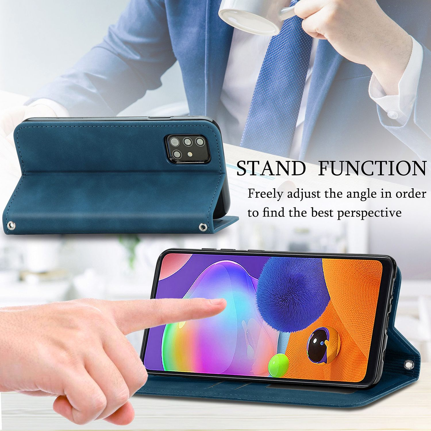 Blaue Handyhülle, offen, stützt das Telefon in einem Winkel. Ständerfunktion wird gezeigt.