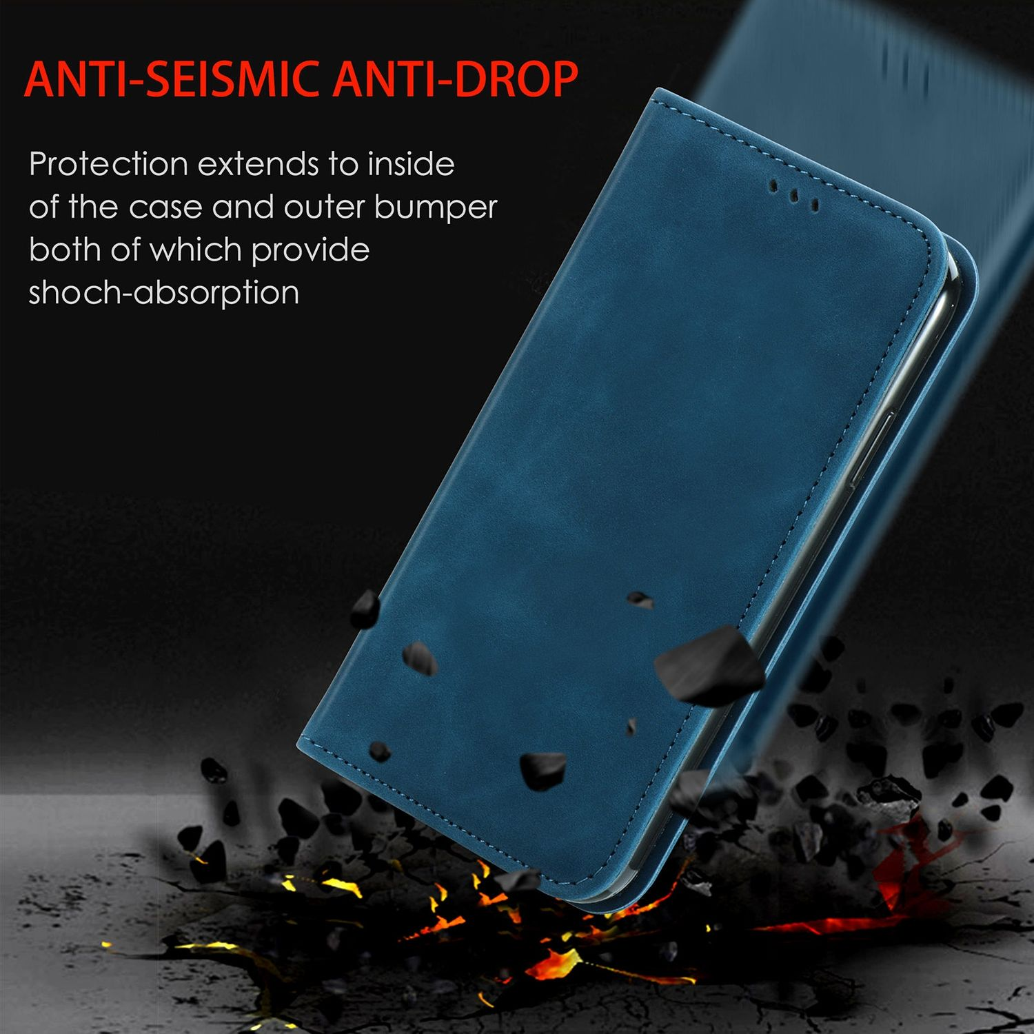 Blaue Handyhülle mit Telefon darin. Schutz vor Stürzen. Einige Steine fallen von oben.