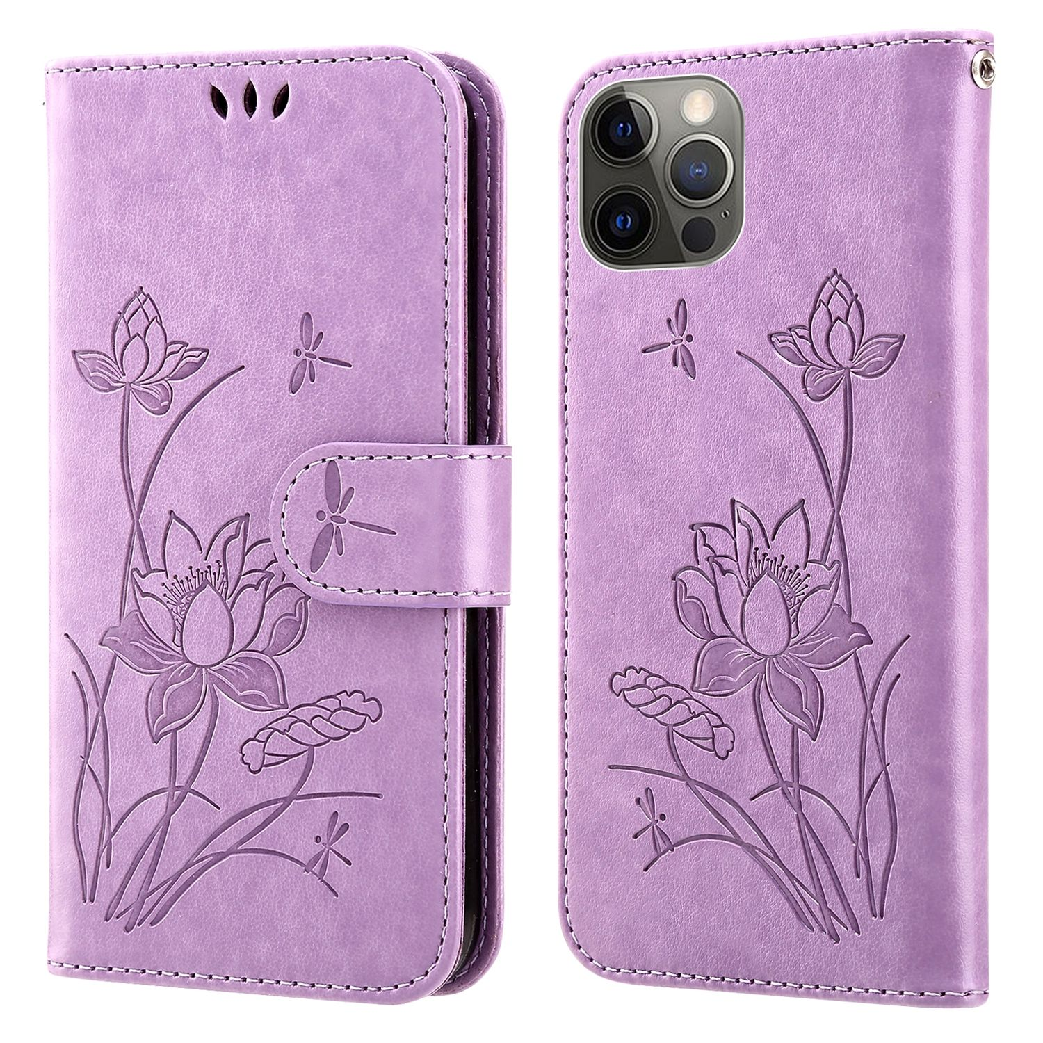 Lila Handyhülle mit Lotusblumen-Design und Libellen-Details.