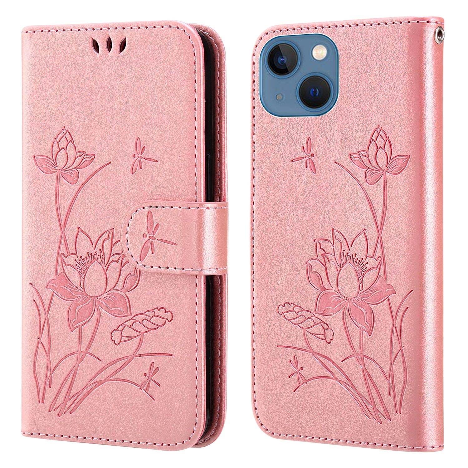 Rosa Handyhülle mit floralem Design, Ansichten offen und geschlossen.