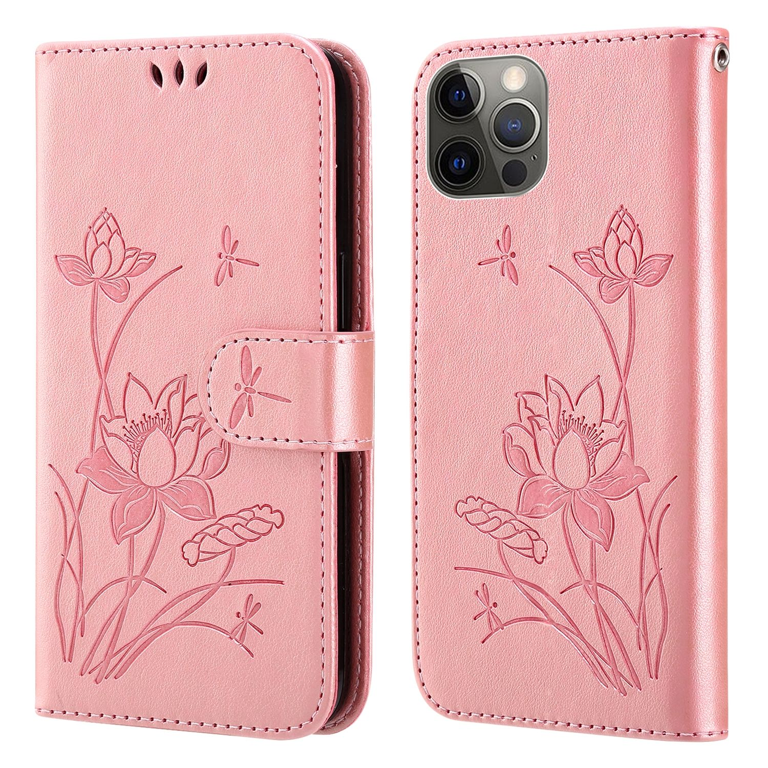 Rosa Handyhülle mit Lotusblumen-Design. Blumen auf der Hülle. Handyhülle geöffnet und geschlossen, sichtbar.