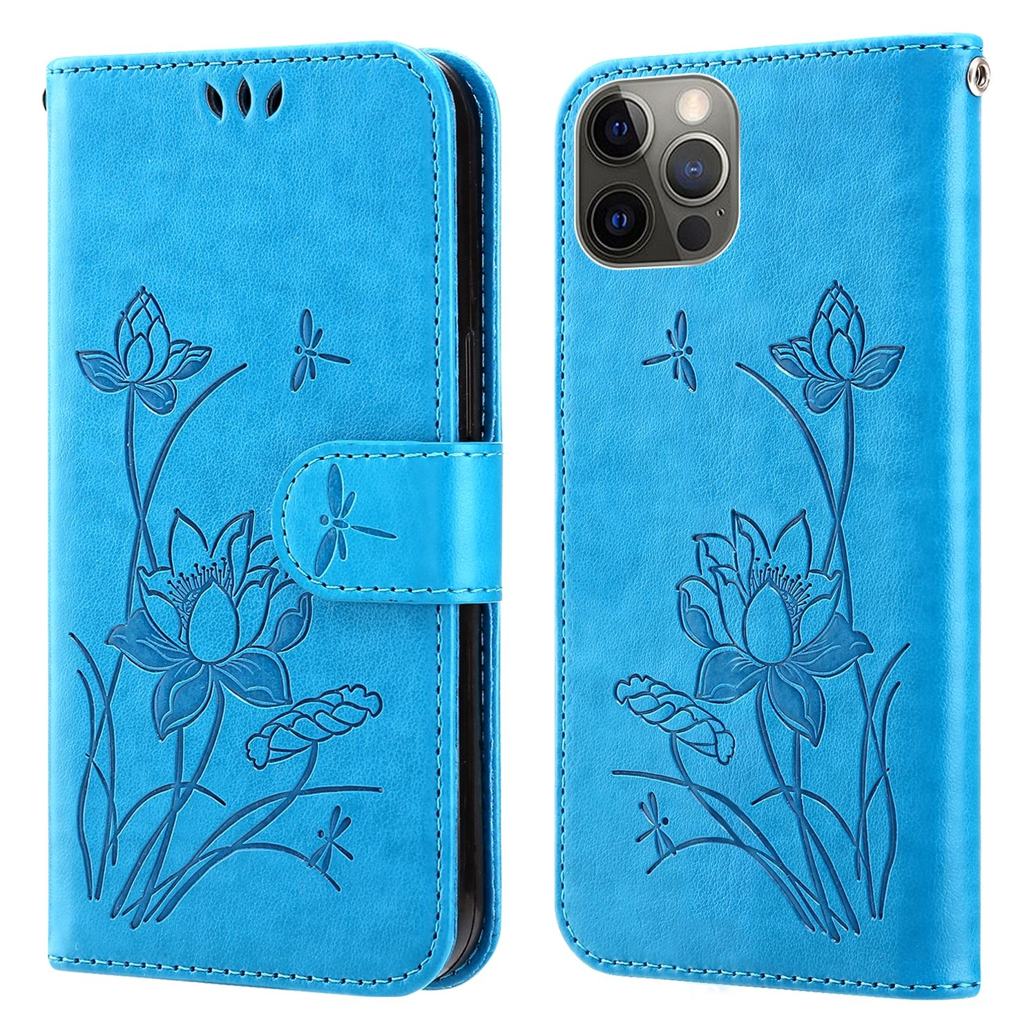 Blaue Handyhülle mit Blumen- und Libellenmotiven.