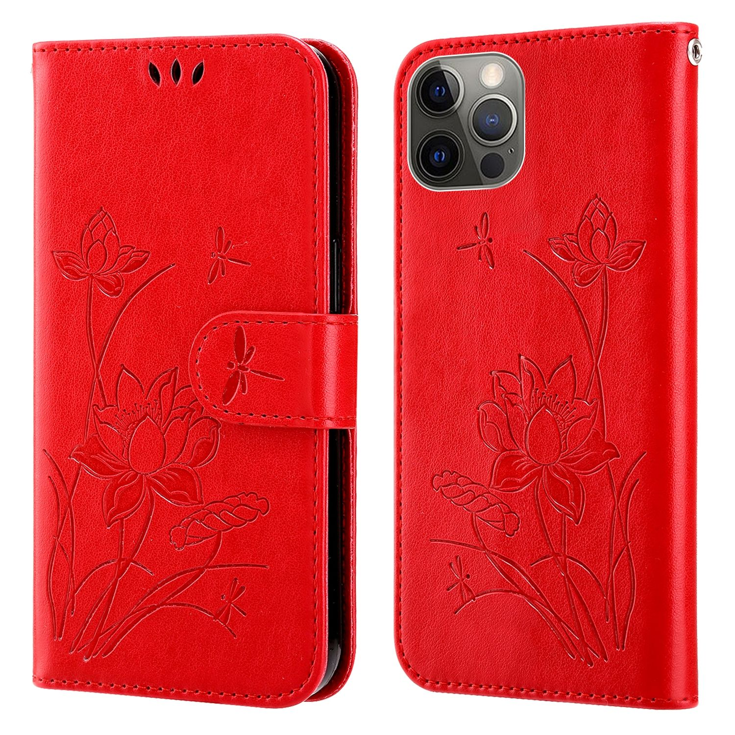 Rote Handyhülle mit Lotusblumen-Design. Die Hülle ist geschlossen und hat eine passende Handschlaufe.