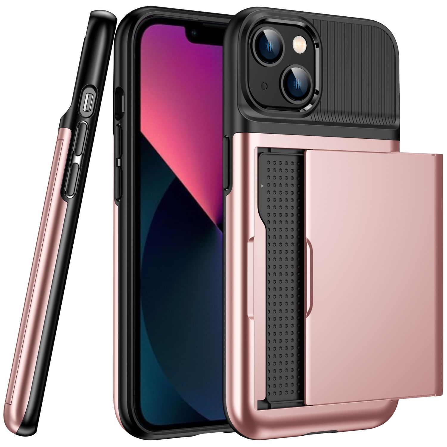 Roségoldfarbene Handyhülle mit Kartenhalter. Das Telefon ist sichtbar.