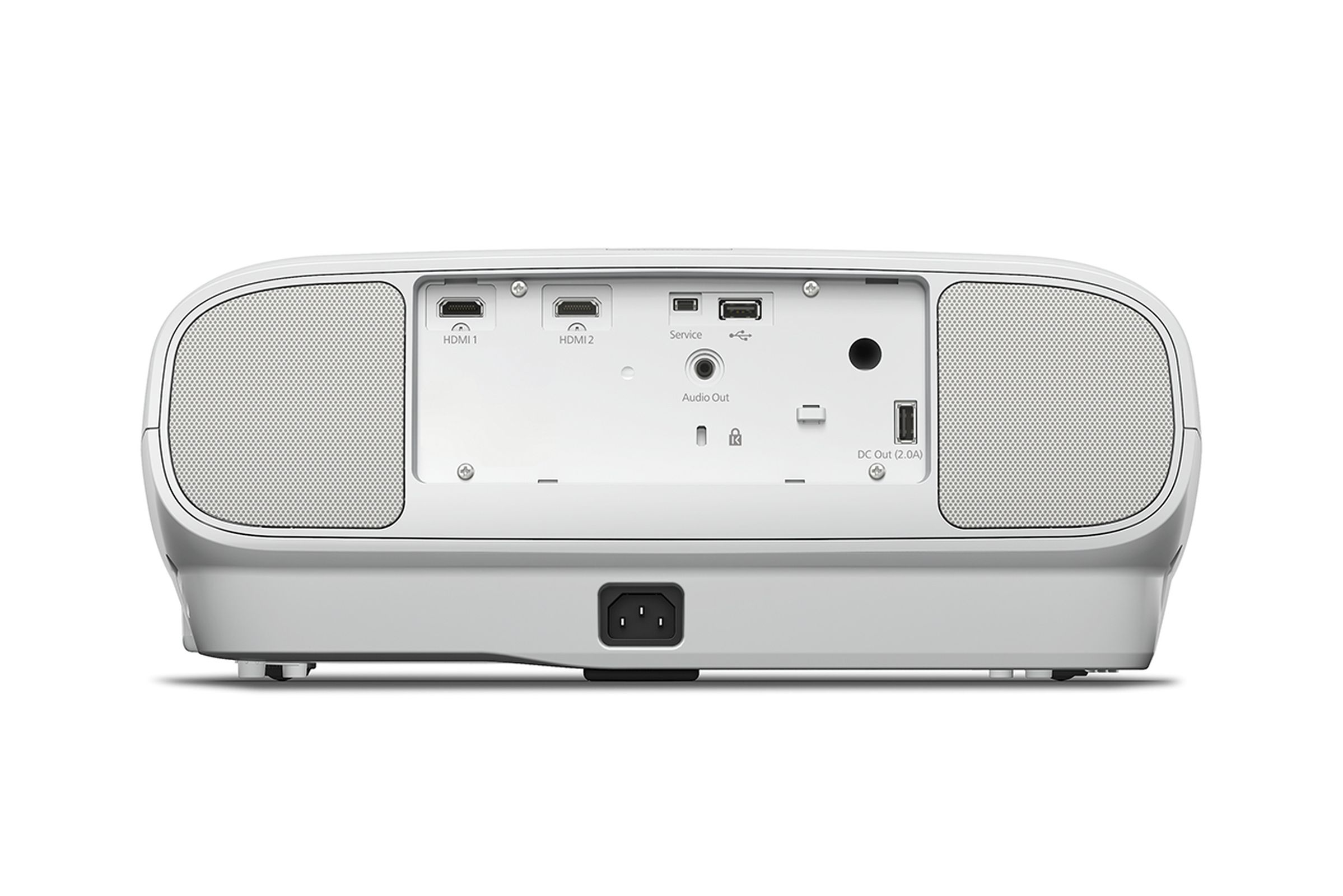 Widok z tyłu białego projektora z wieloma portami, głośnikami po obu stronach i portem zasilania.