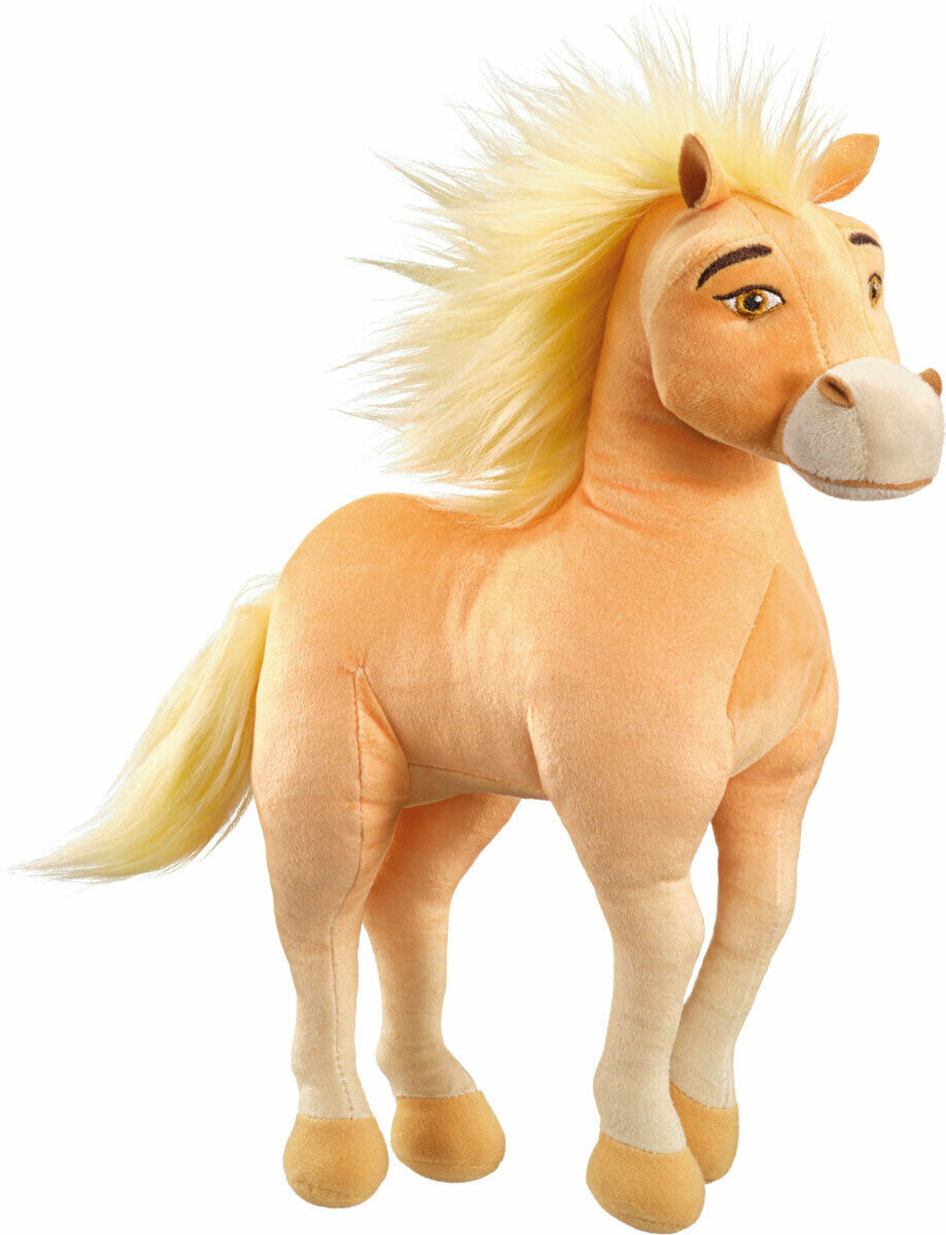 Pluszowa zabawka konia. Beżowy korpus, blond grzywa i ogon. Białe tło.
