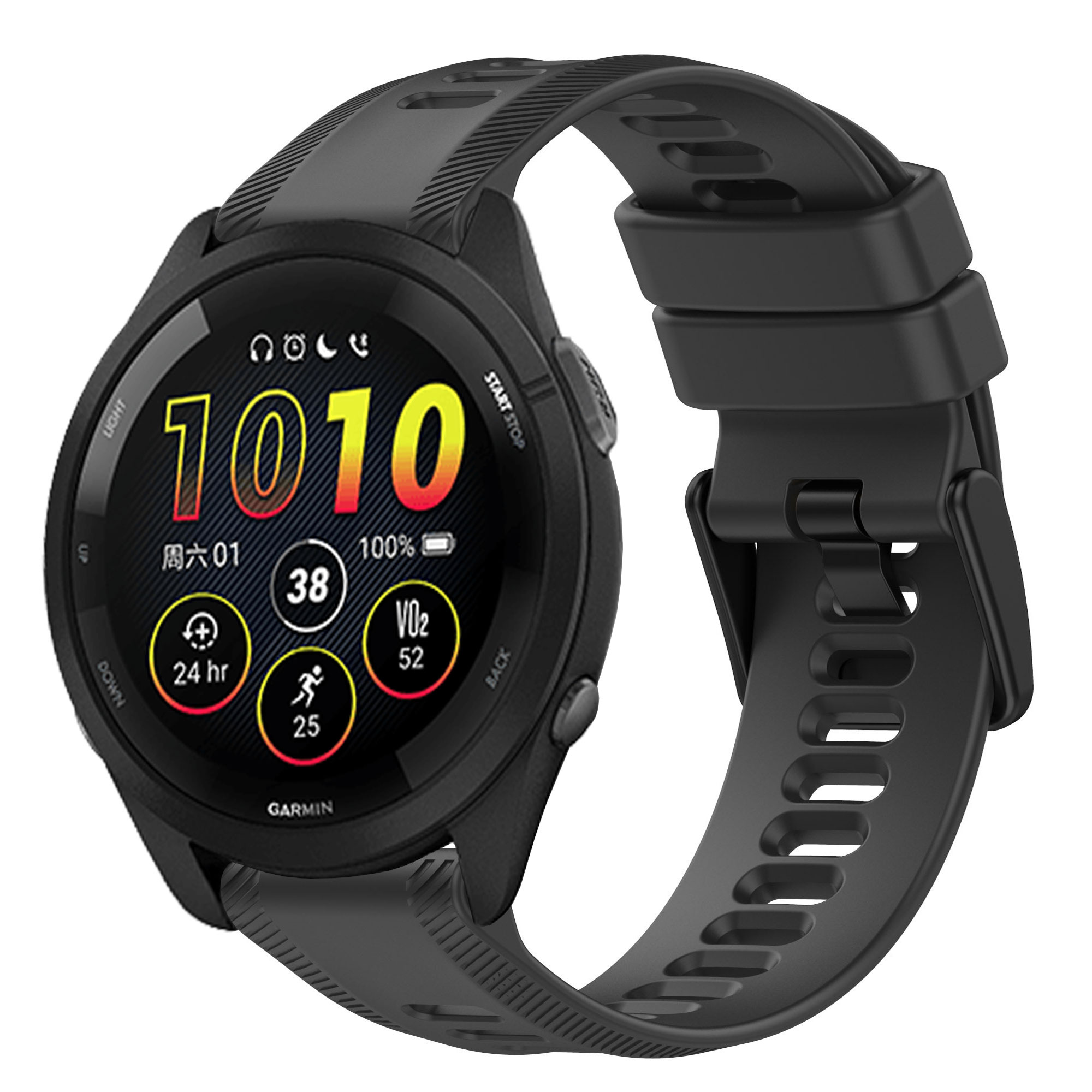 Schwarze Smartwatch mit rundem Display. Zeigt Zeit, Akku und Herzfrequenz.