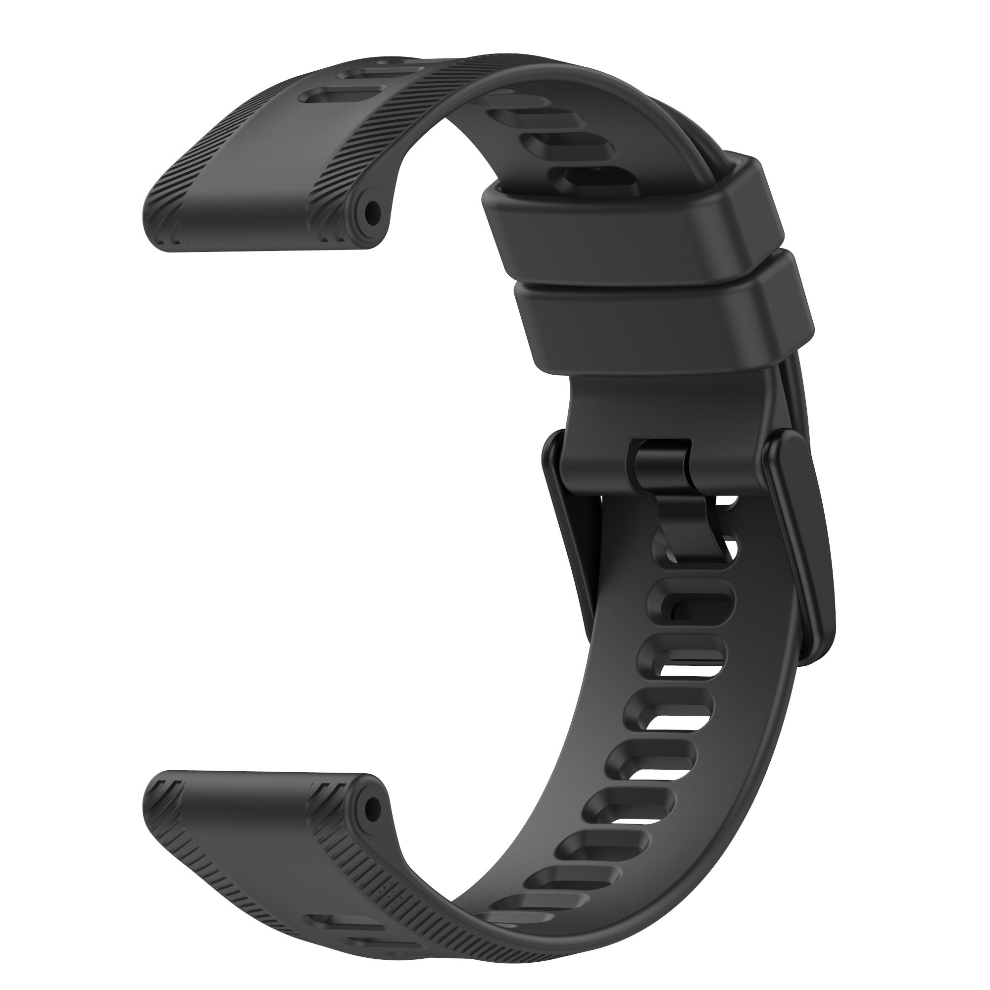 Ein schwarzes Uhrenarmband mit Schnalle, das die Details des Armbanddesigns zeigt.