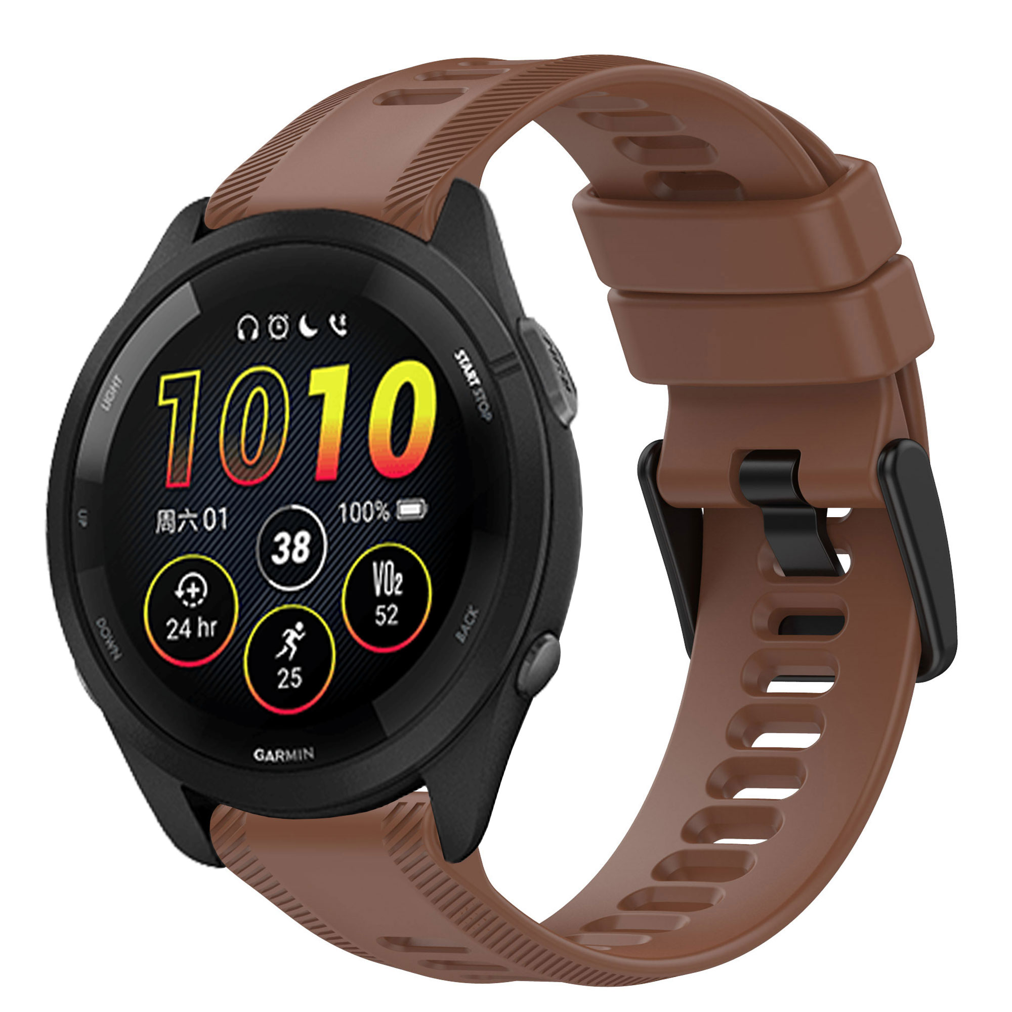 Smartwatch mit braunem Armband. Zeigt Zeit, Herzfrequenz und andere Daten an.