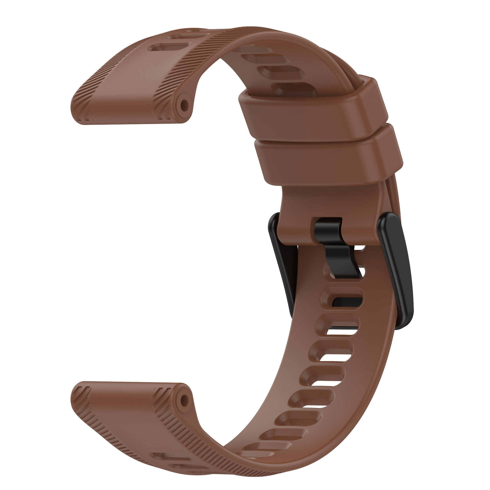 Ein gebogenes braunes Uhrenarmband mit schwarzer Schnalle und strukturiertem Design auf weißem Grund.