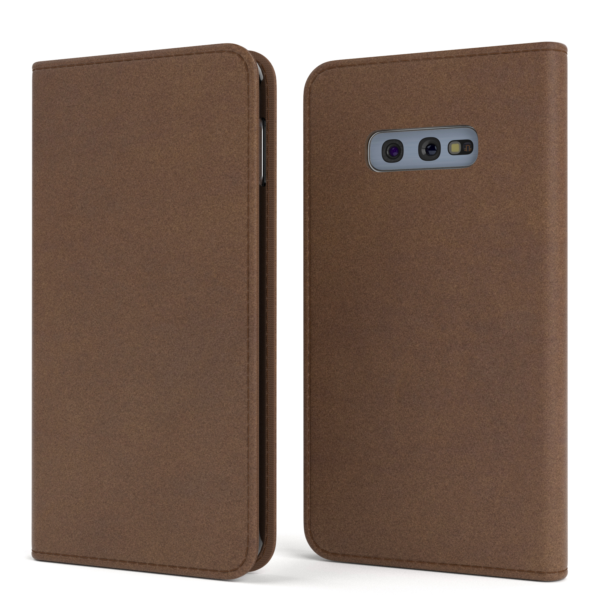Eine braune Handyhülle, aufgeklappt. Die Hülle hat eine braune Außenseite und eine braune Innenseite mit einem Telefon.