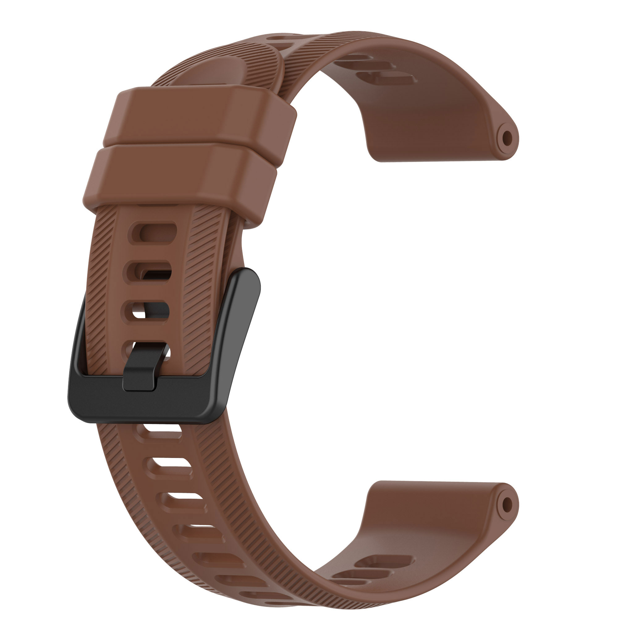 Ein braunes Uhrenarmband mit schwarzem Verschluss und strukturiertem Design. Der Hintergrund ist weiß.