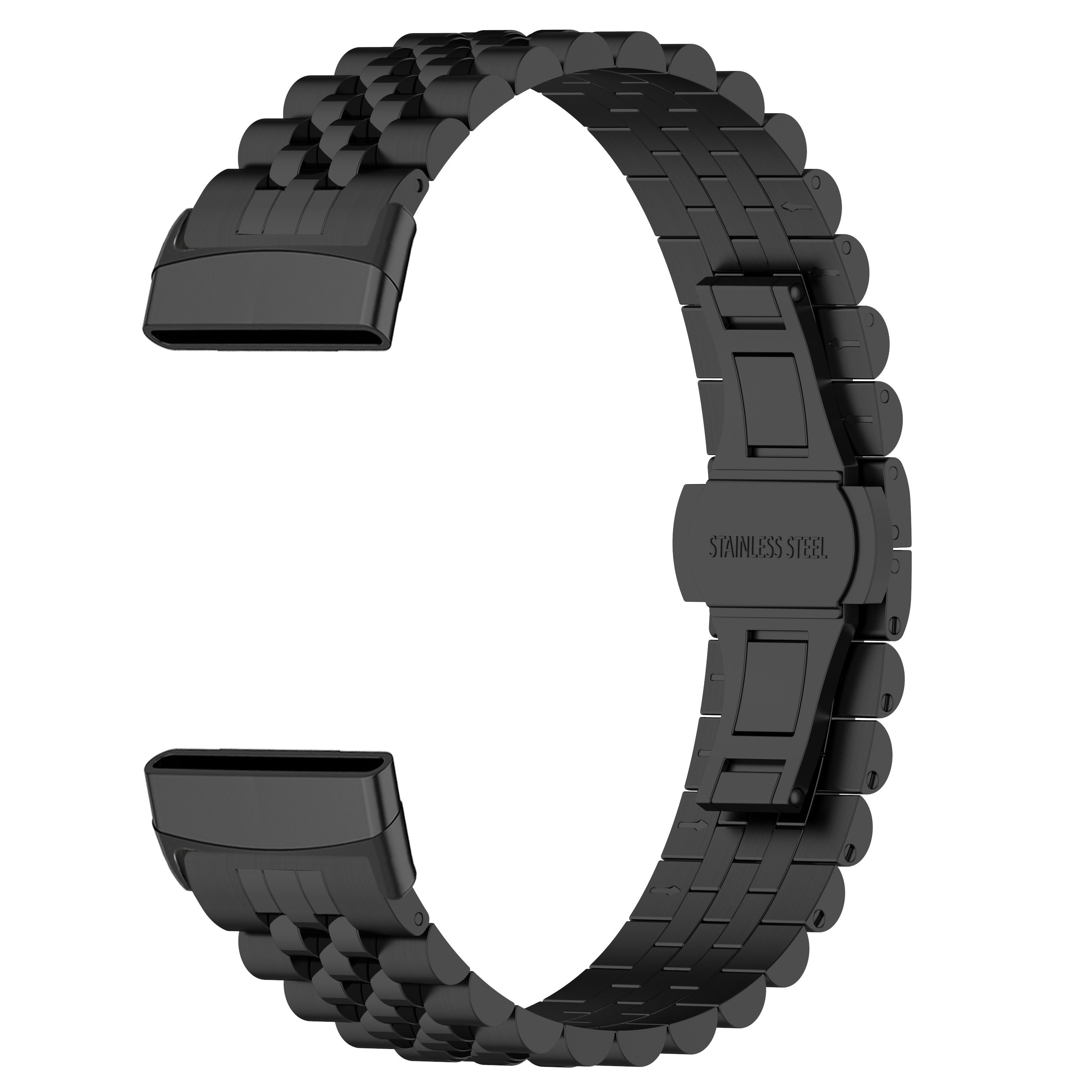 Schwarzes Uhrenarmband mit Edelstahlschließe in gebogener Form.