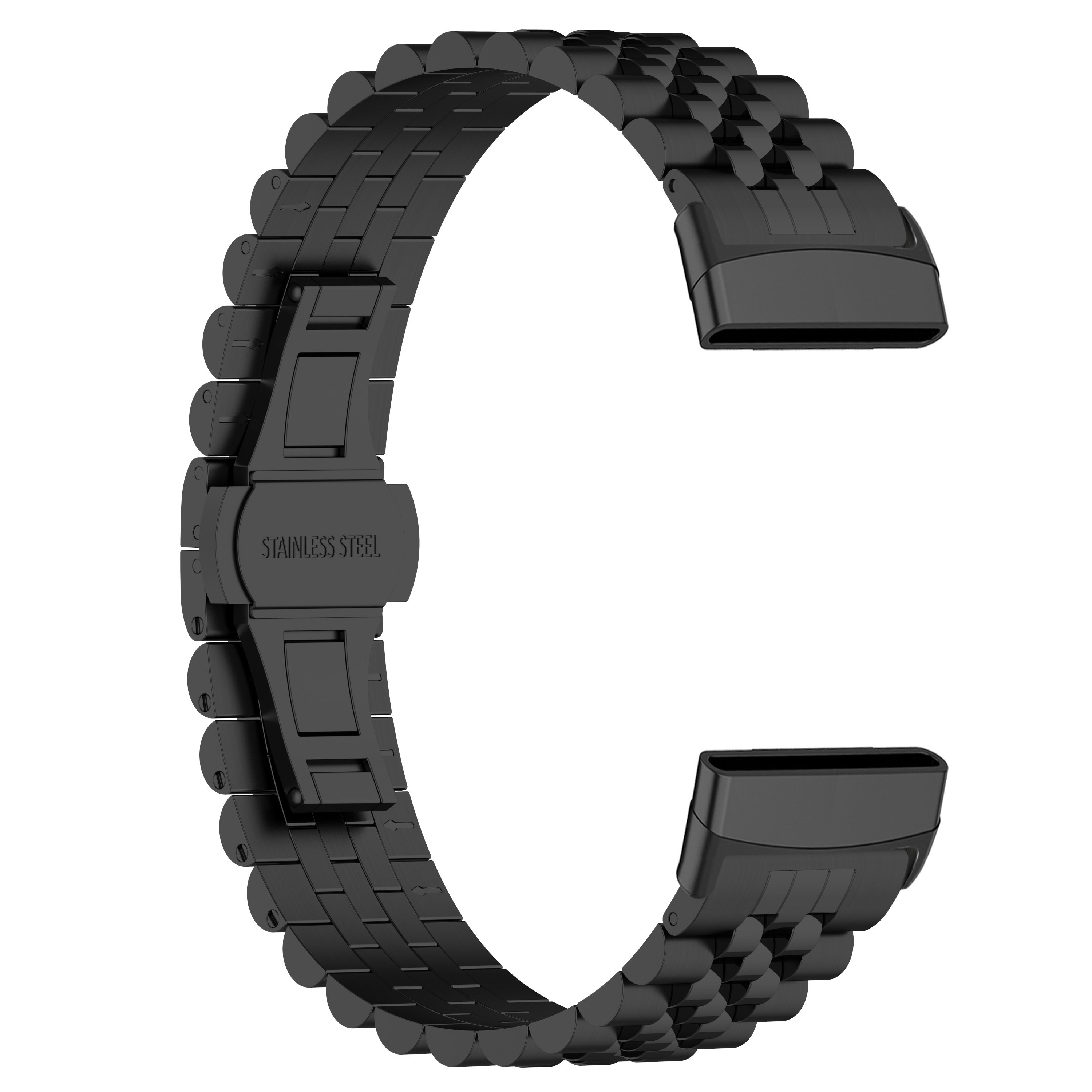 Schwarzes Metall-Uhrenarmband. Das Band besteht aus mehreren verbundenen Segmenten.