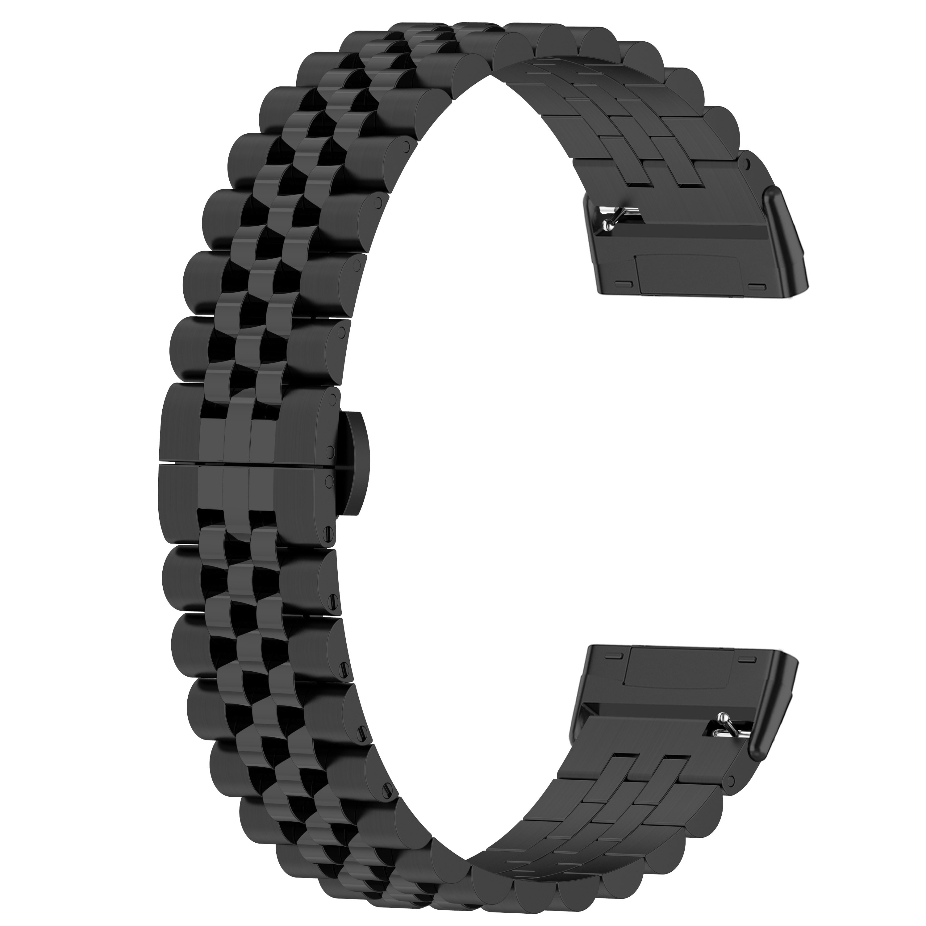 Ein schwarzes Uhrenarmband mit Verschluss. Der Hintergrund ist weiß.