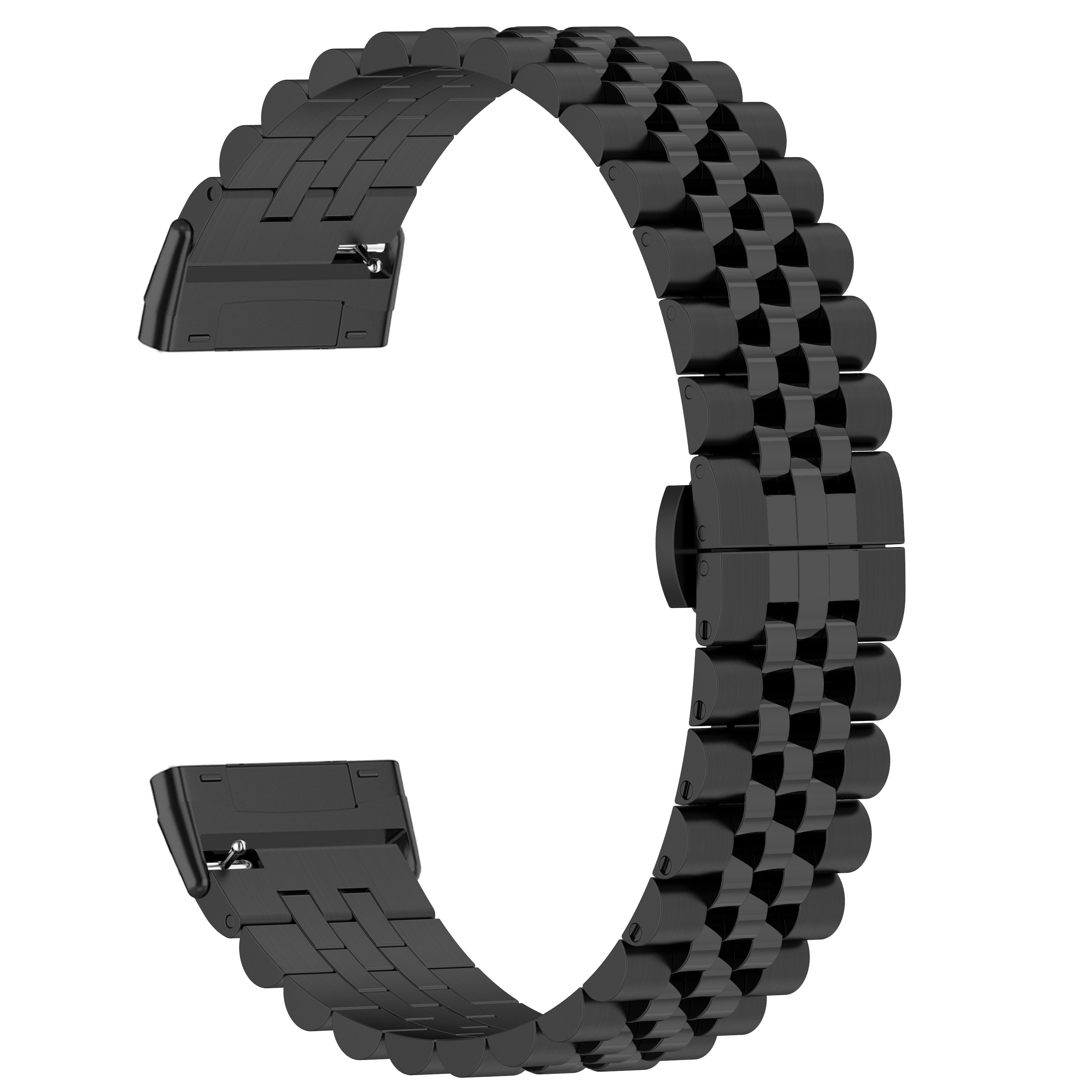 Schwarzes Uhrenarmband, Metallglieder, gebogene Form, auf weißem Hintergrund.