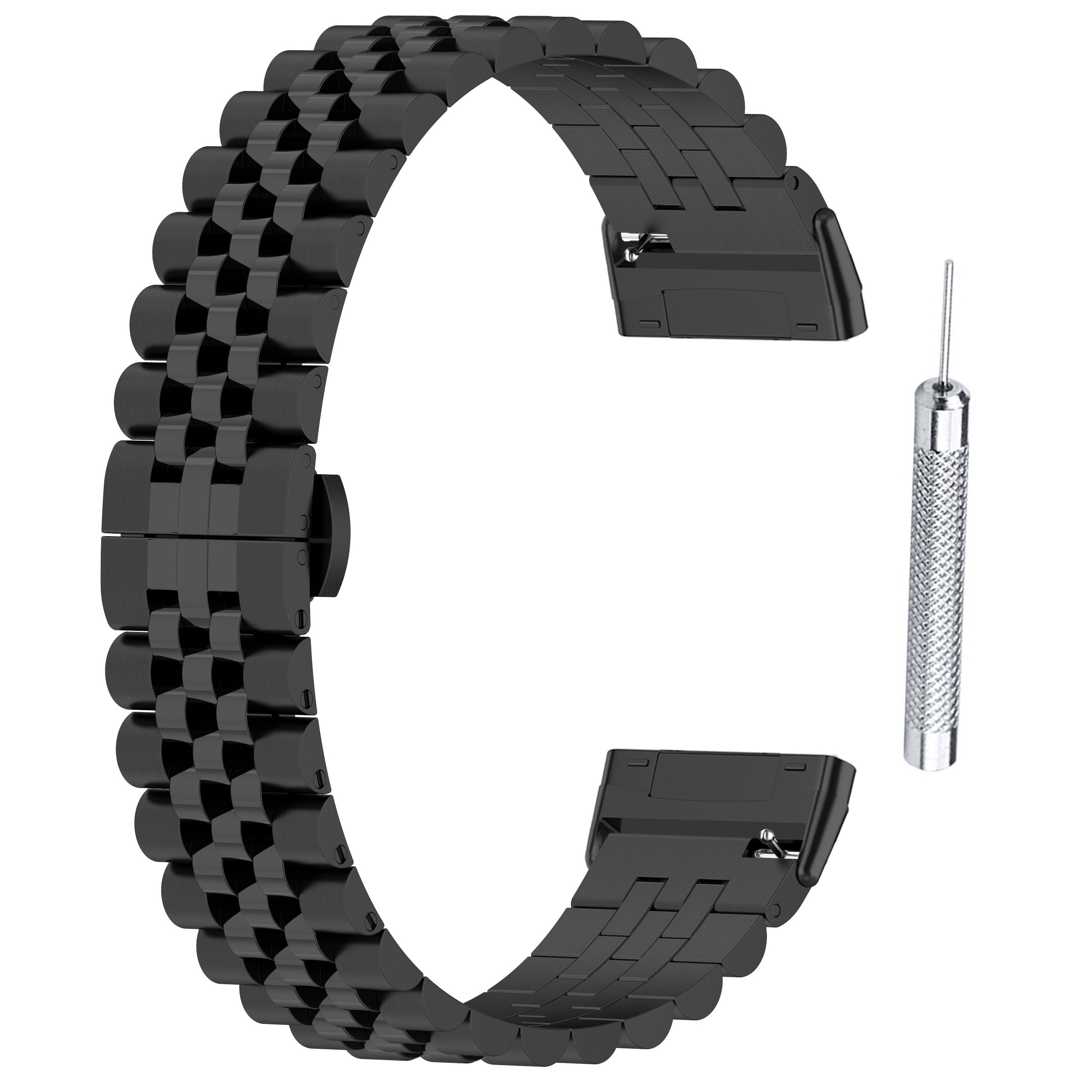 Schwarzes Uhrenarmband mit Gliedern und Werkzeug. Das Band ist gebogen. Der Hintergrund ist weiß.