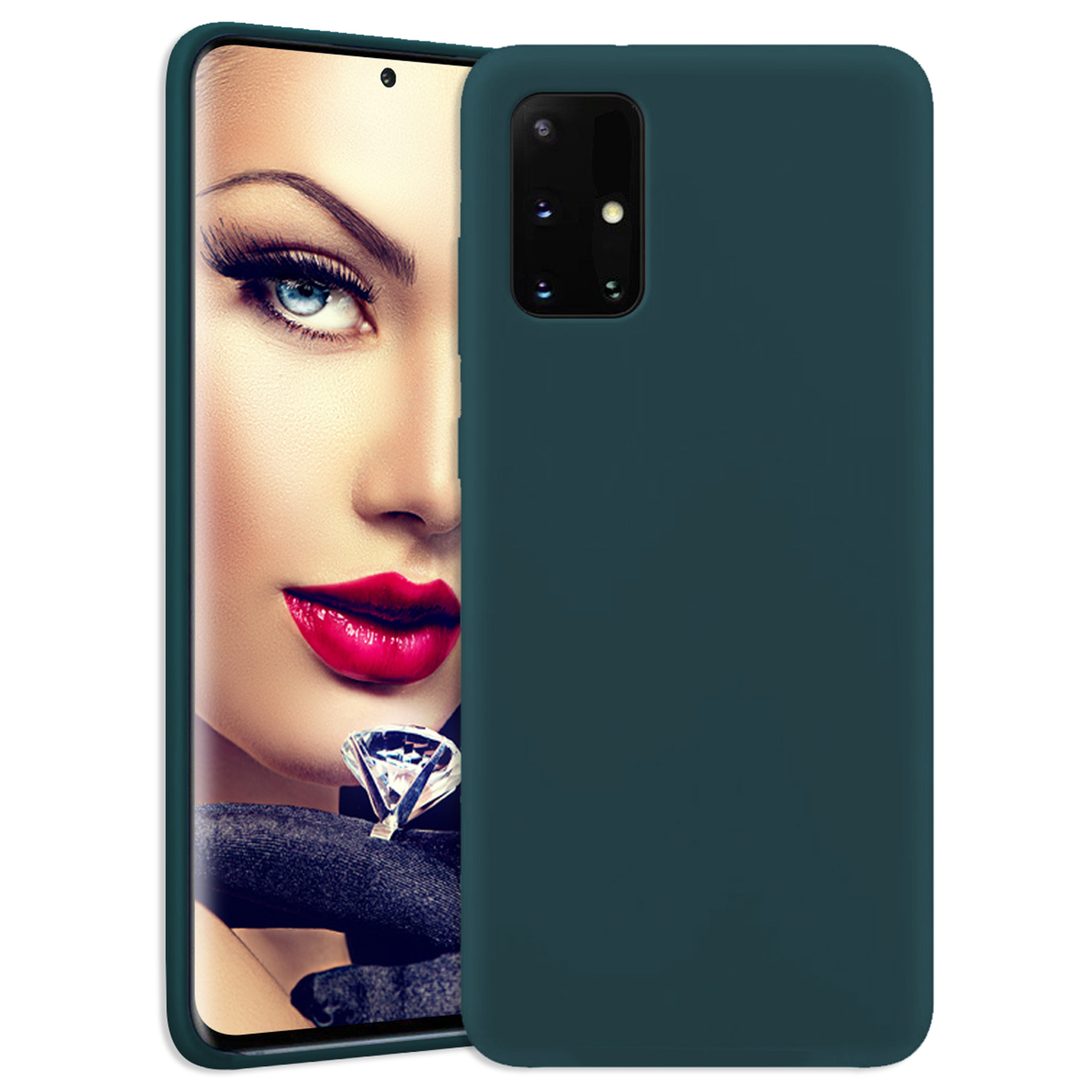 Gesicht einer Frau mit Make-up auf einem Telefonbildschirm. Rechts eine dunkelgrüne Handyhülle.