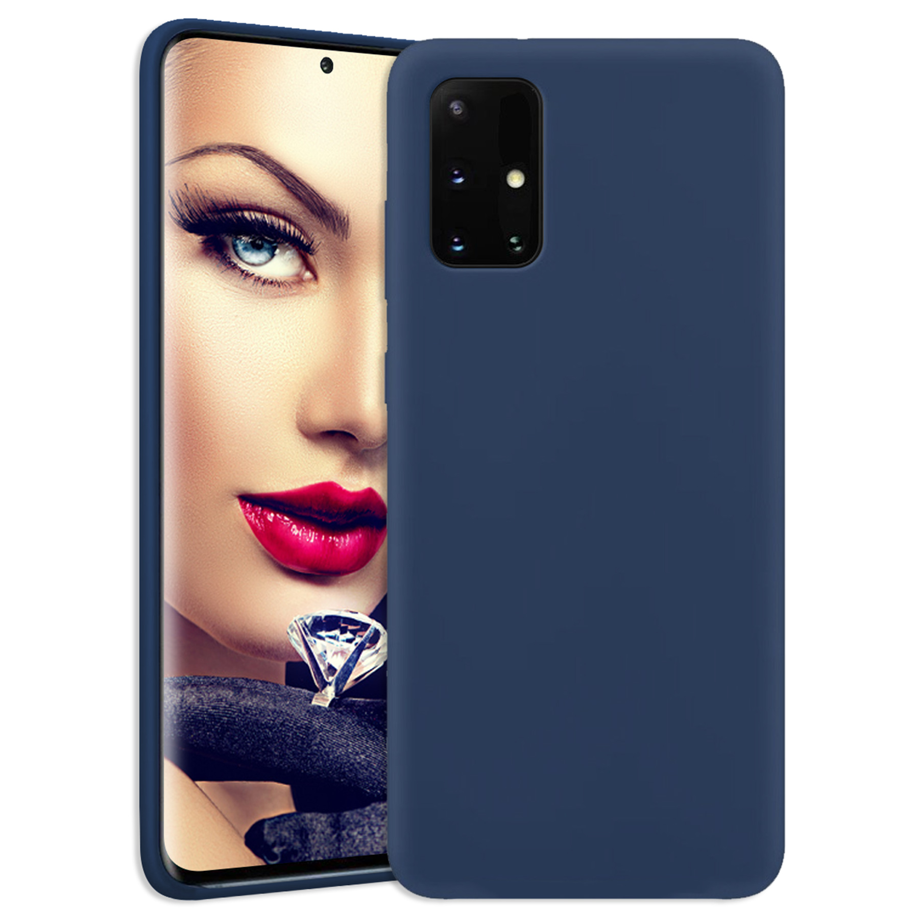 Eine marineblaue Handyhülle mit einem Telefon, das eine Frau mit roten Lippen und einem Diamanten zeigt.