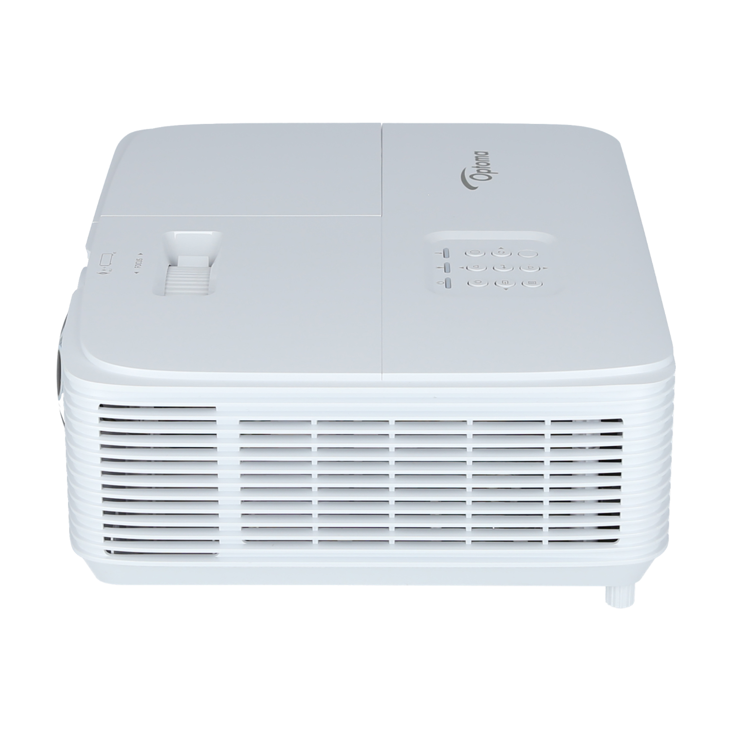 Biały projektor z logo Optoma na górze. Ma regulację ostrości i przyciski.