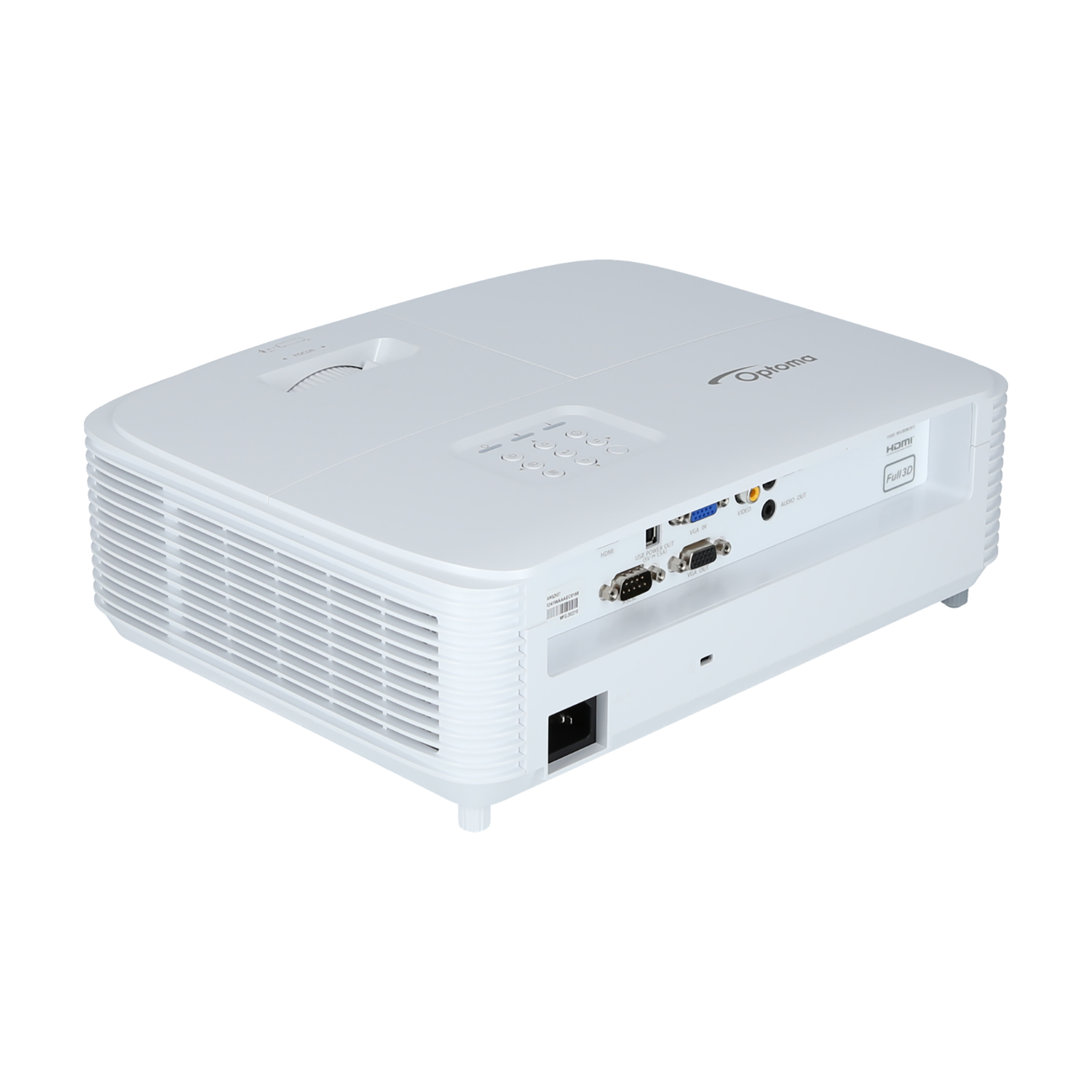 Biały projektor. Widok z góry. Widoczne liczne przyciski i porty.