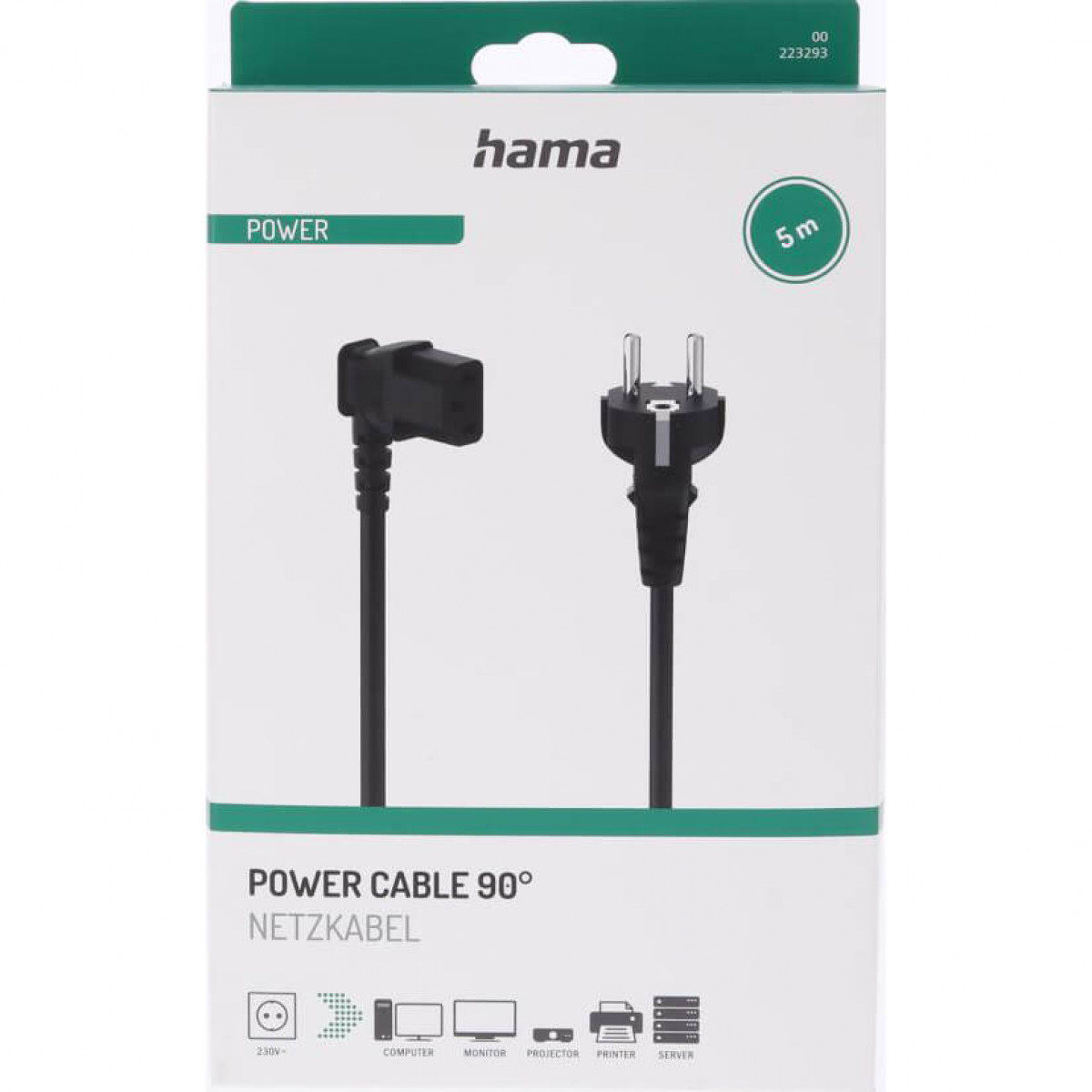 Opakowanie kabla zasilającego. Zawiera kabel zasilający 90 stopni i zdjęcie produktu.