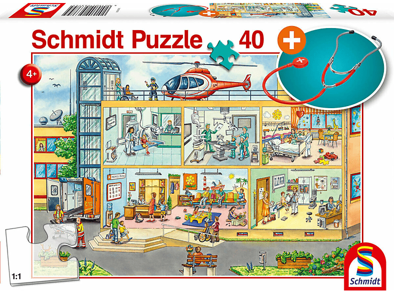 SCHMIDT SPIELE Kinderkrankenhaus + Stethoskop + AddOn Puzzle