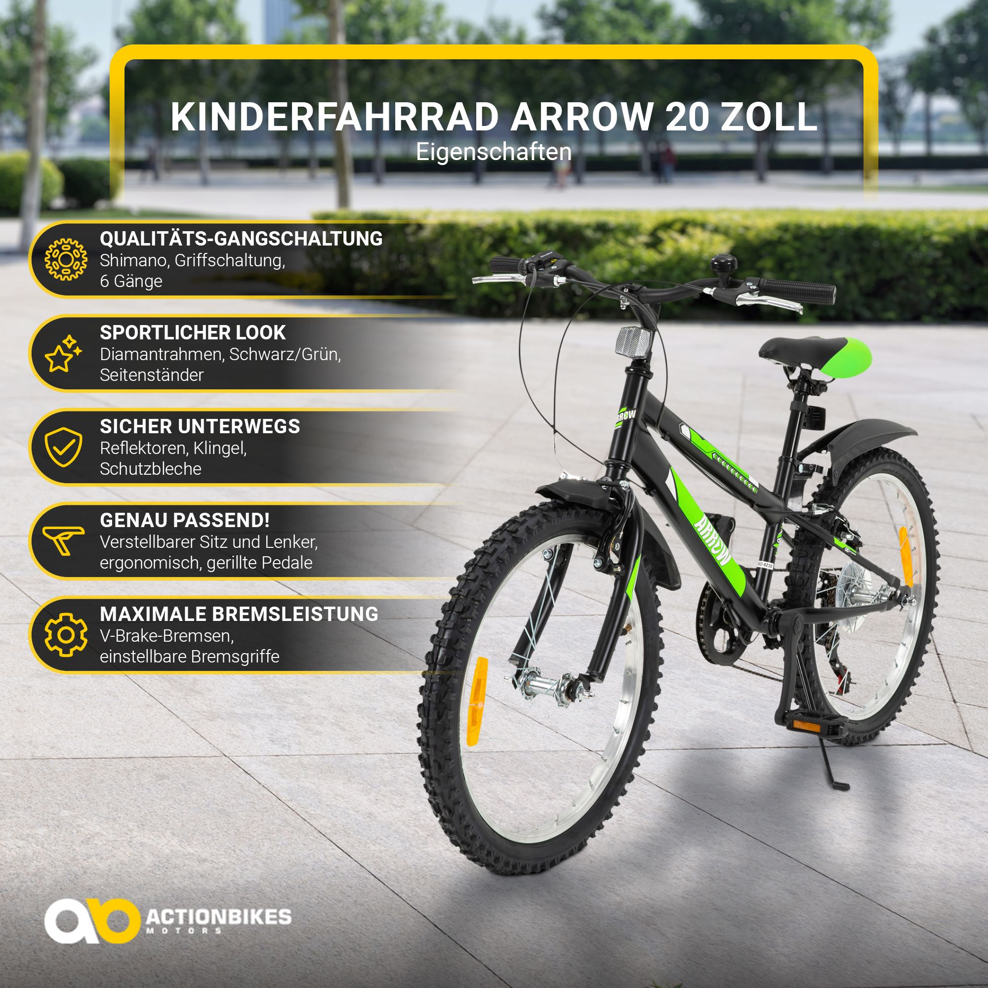 Ein schwarz-grünes Kinderfahrrad mit Text über seine Eigenschaften. Es steht auf dem Bürgersteig.