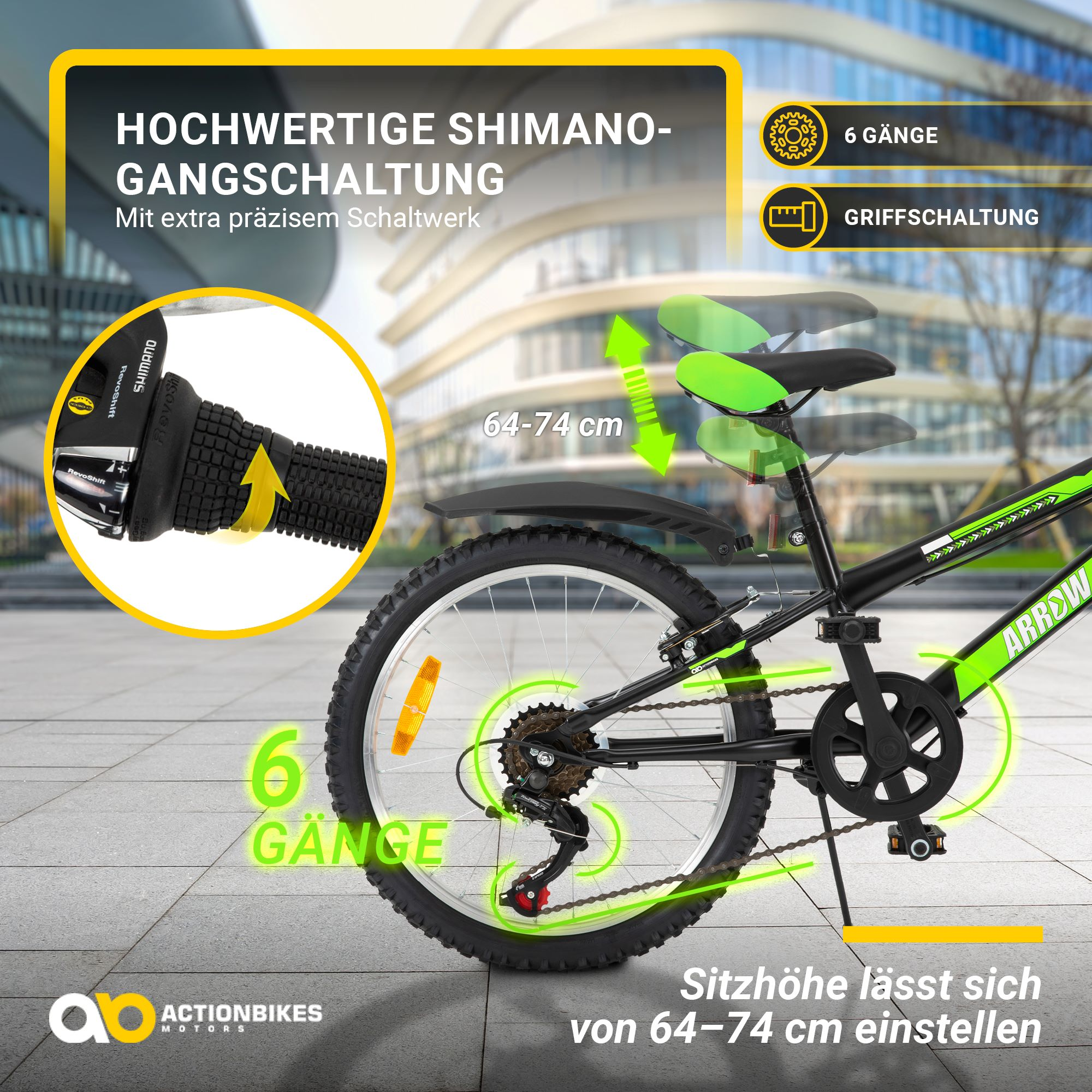 Schwarz-grünes Fahrrad mit Text. Merkmale sind Gänge, Sitz und Lenker.