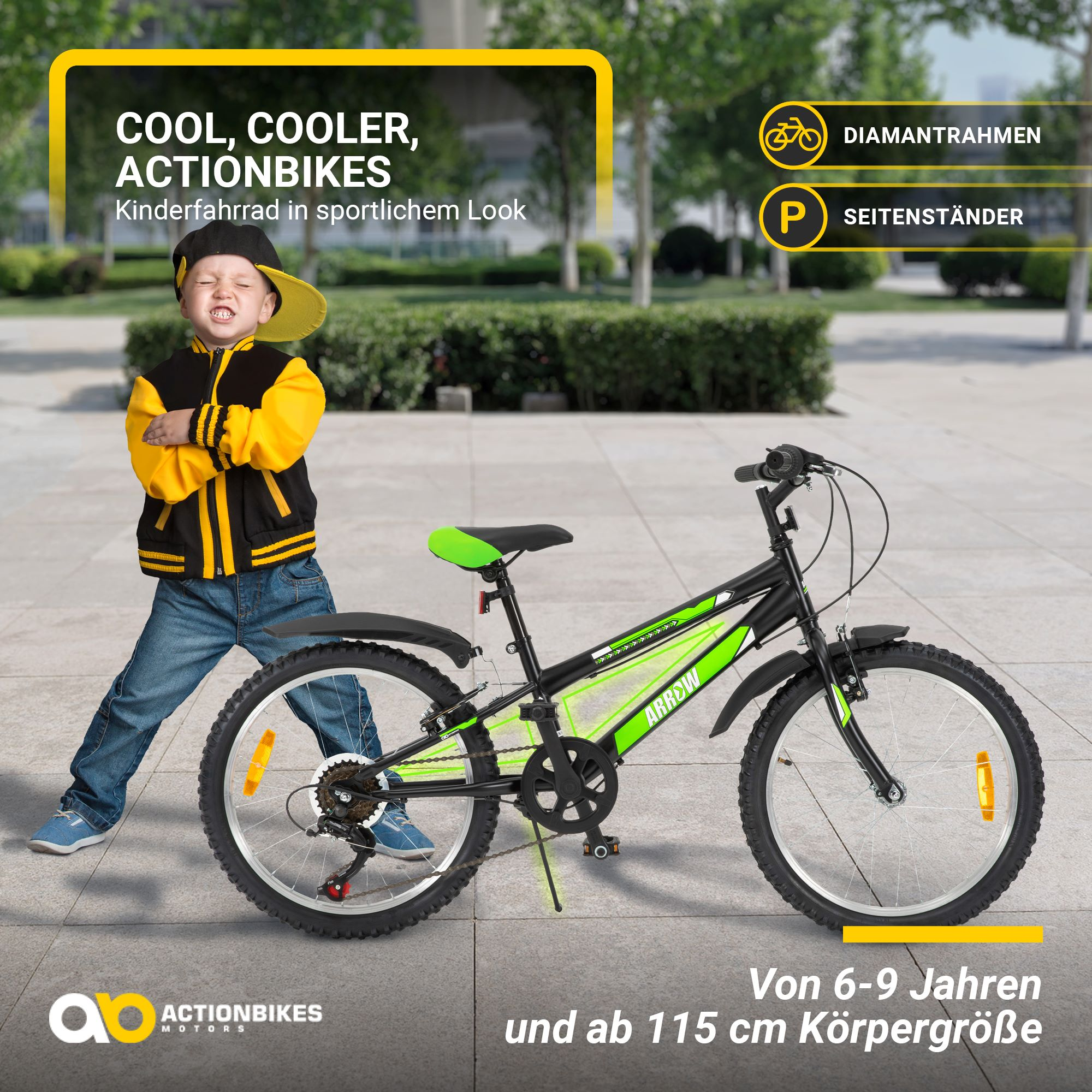 Ein Kind auf einem schwarz-grünen Fahrrad, Text sagt 'Actionbikes' und '6-9 Jahre'.