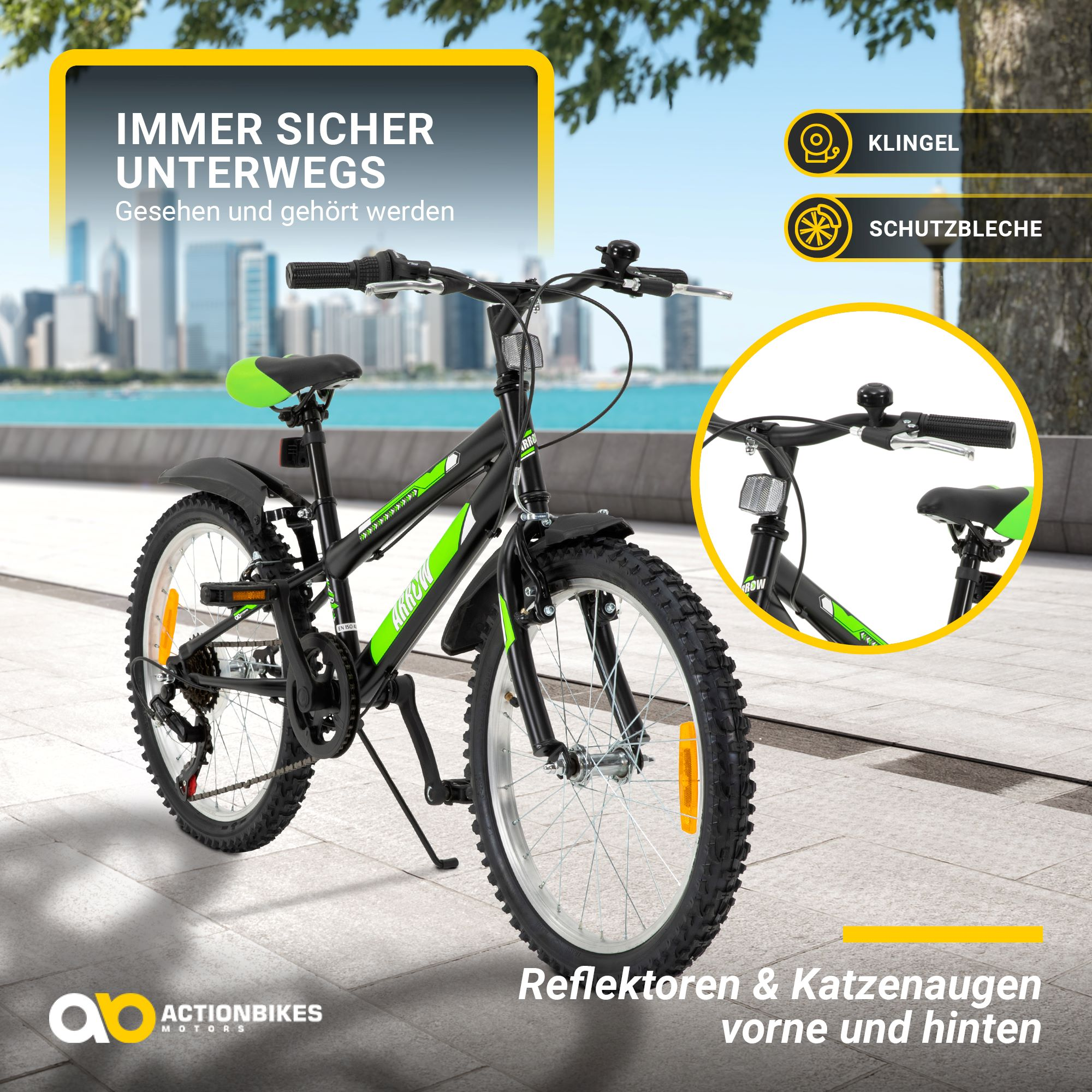 Schwarz-grünes Mountainbike an einem sonnigen Tag, mit Text über Sicherheit und Reflektoren.