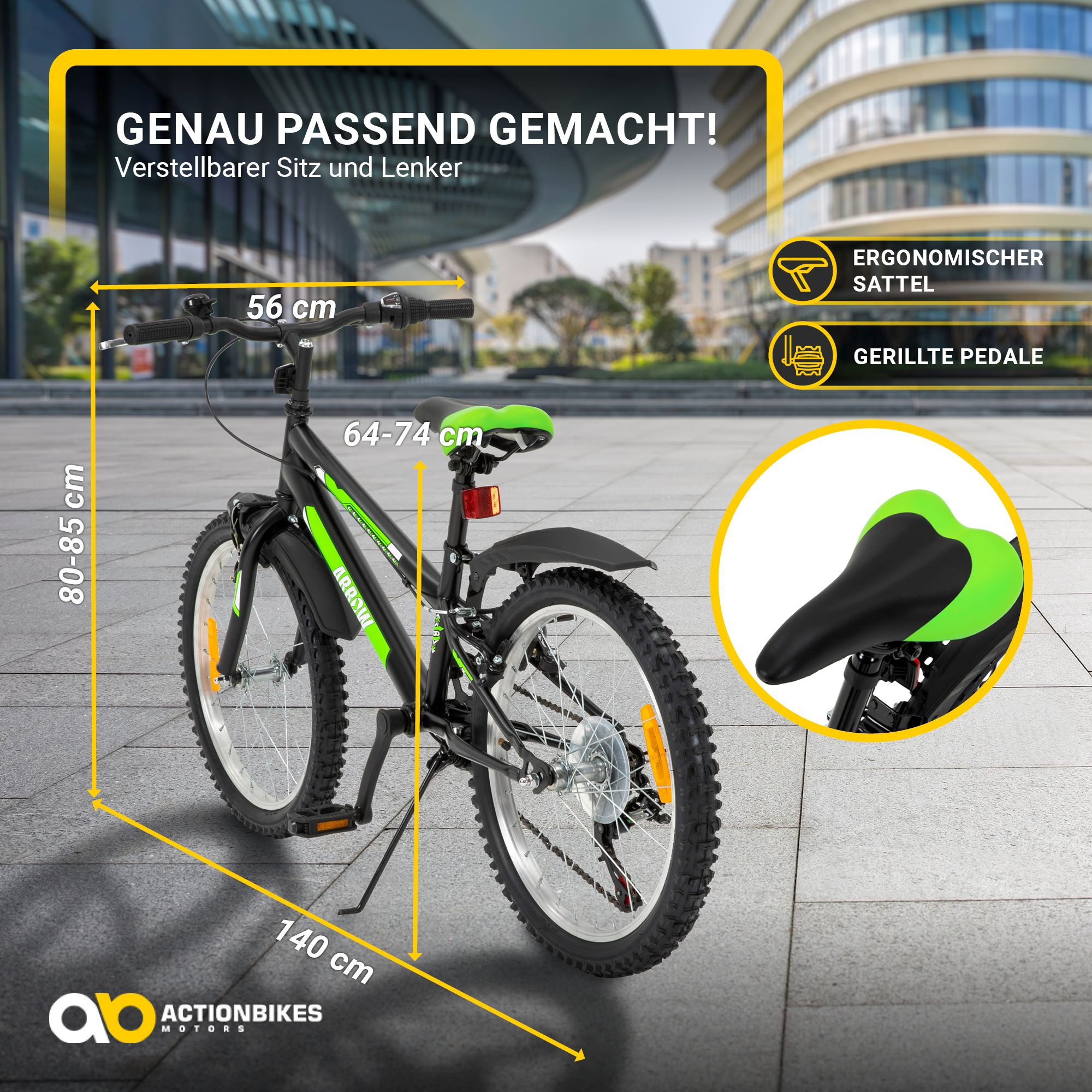 Schwarz-grünes Kinderfahrrad. Text und Abmessungen werden angezeigt.