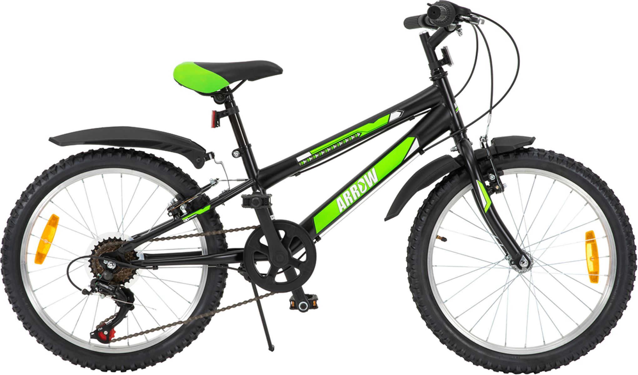 Schwarz-grünes Fahrrad mit Arrow-Logo, Schutzblechen und Reflektoren auf weißem Hintergrund.