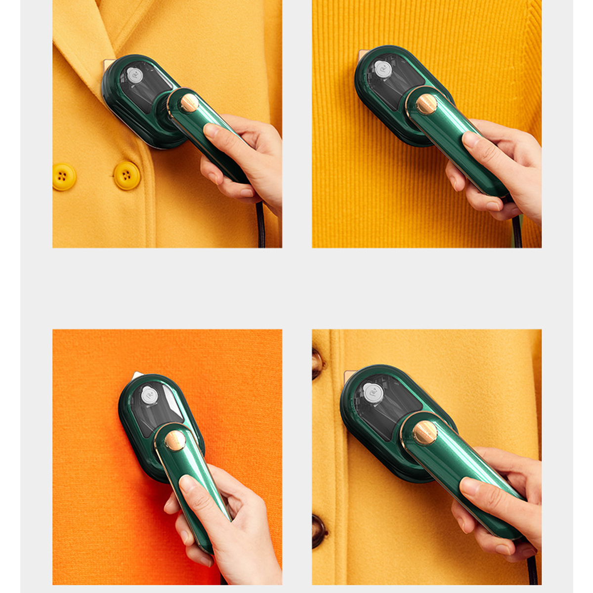 Cuatro imágenes de una plancha de mano verde sobre telas de diferentes colores.