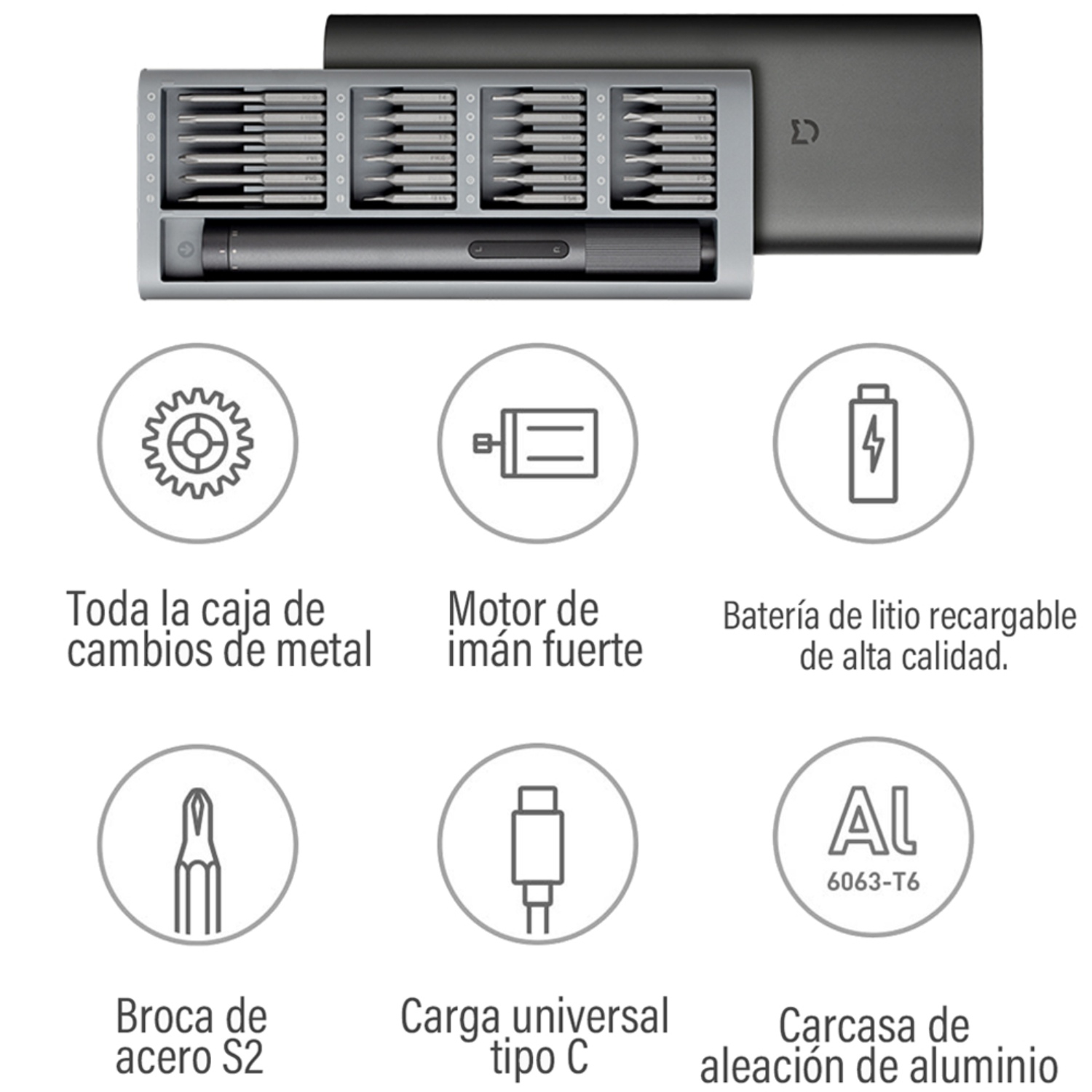 Juego de herramientas con puntas y un destornillador, acompañado de iconos que explican características y materiales.