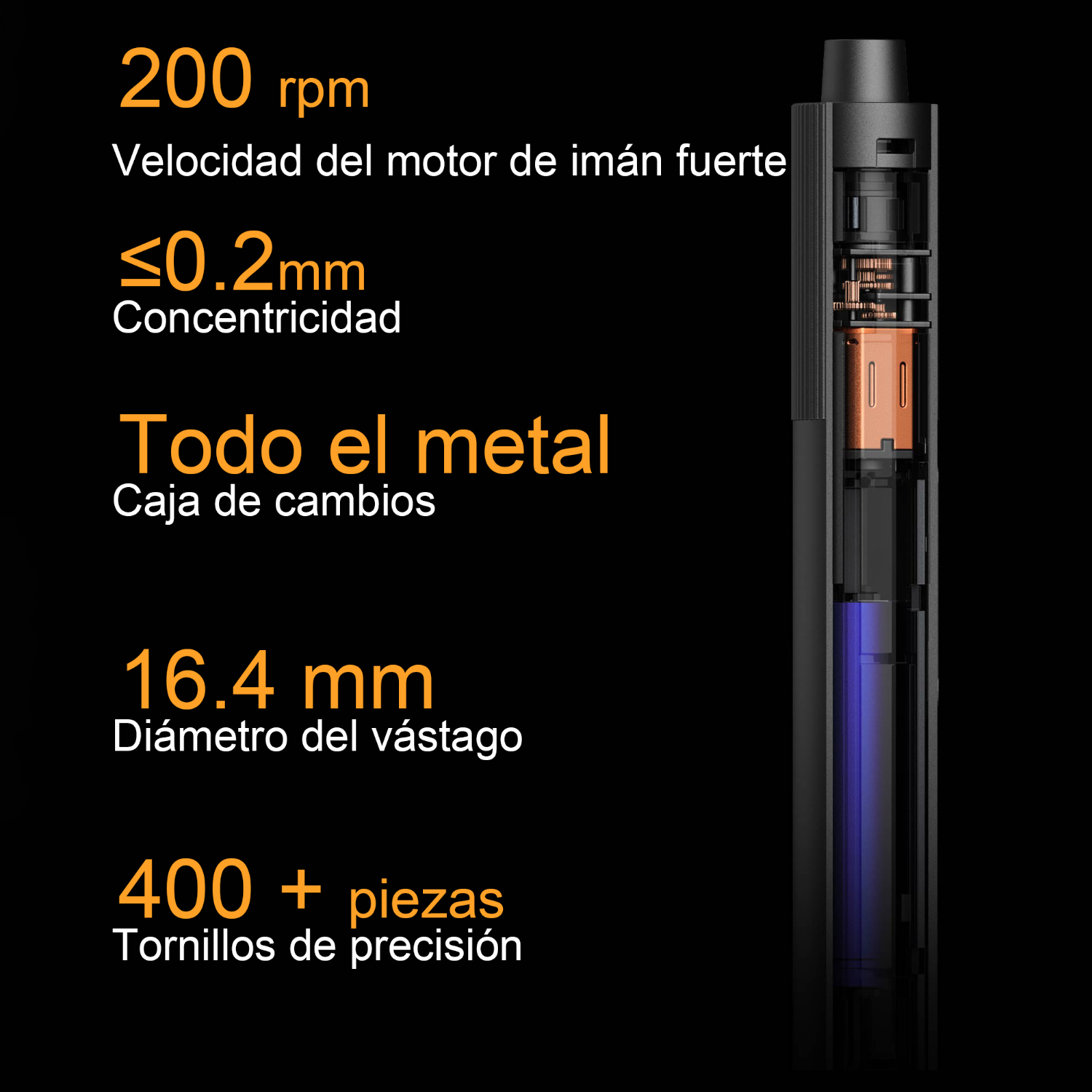 Detalles técnicos de un destornillador de precisión con mediciones y especificaciones.