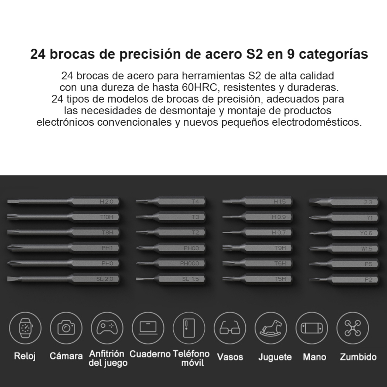 Una colección de puntas de destornillador de precisión con iconos para diferentes aplicaciones.
