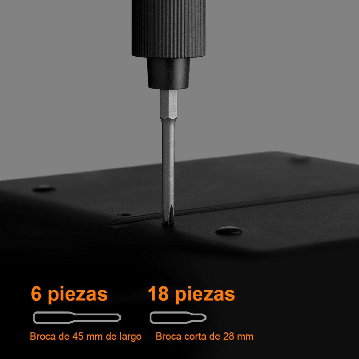 Un destornillador con mango negro y punta metálica. La imagen muestra texto y medidas.