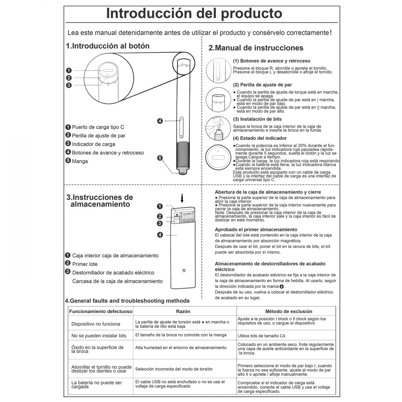Manual de instrucciones en español. Diagramas muestran piezas e instrucciones de uso de una herramienta.