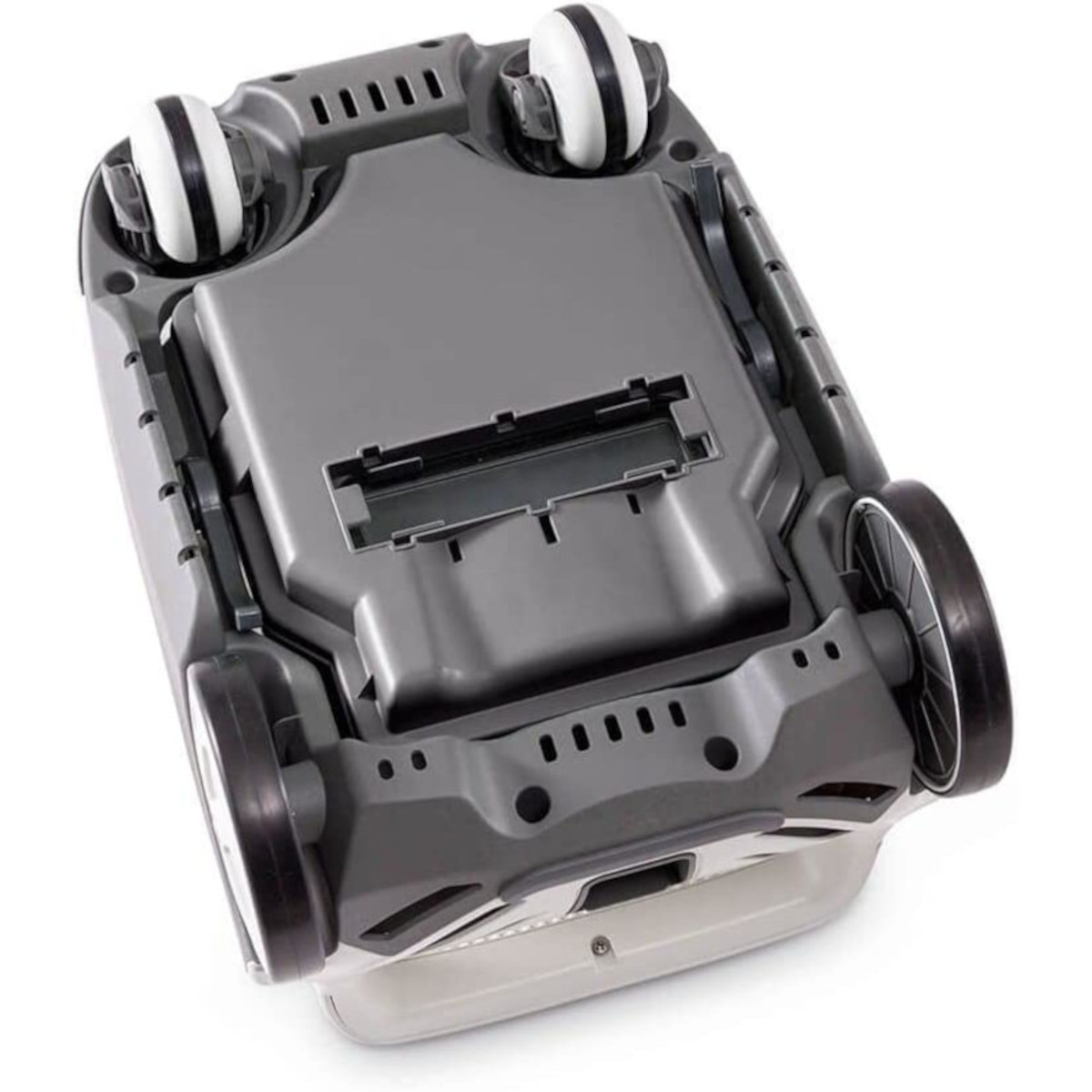 Widok od spodu szarego odkurzacza z kołami i centralną komorą.