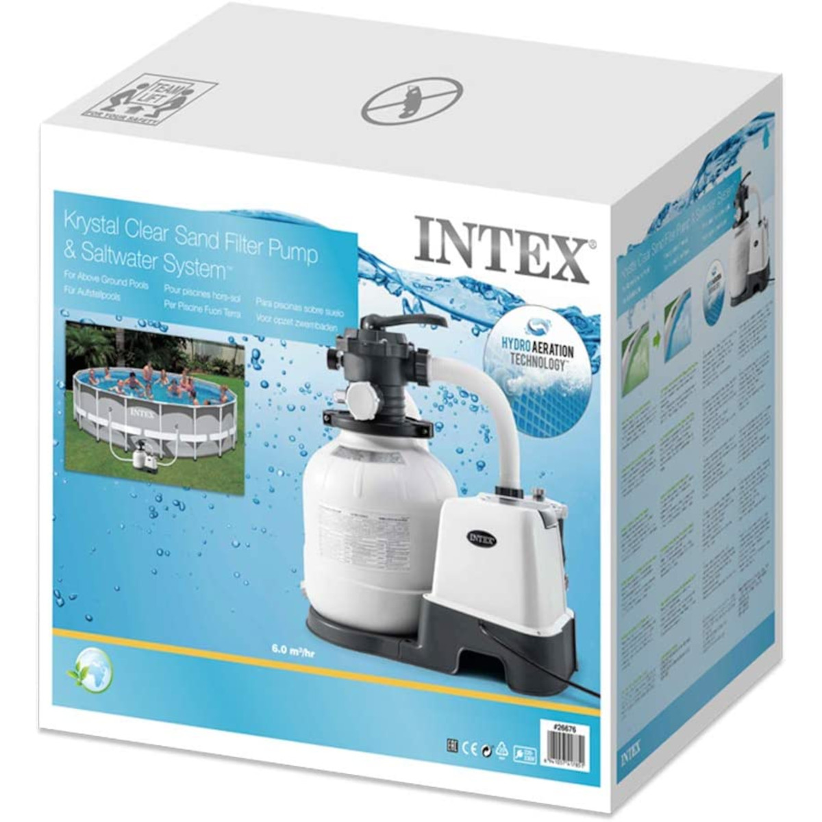 Scatola con pompa filtro a sabbia Intex per piscine. La scatola mostra pompa, piscina e testo.